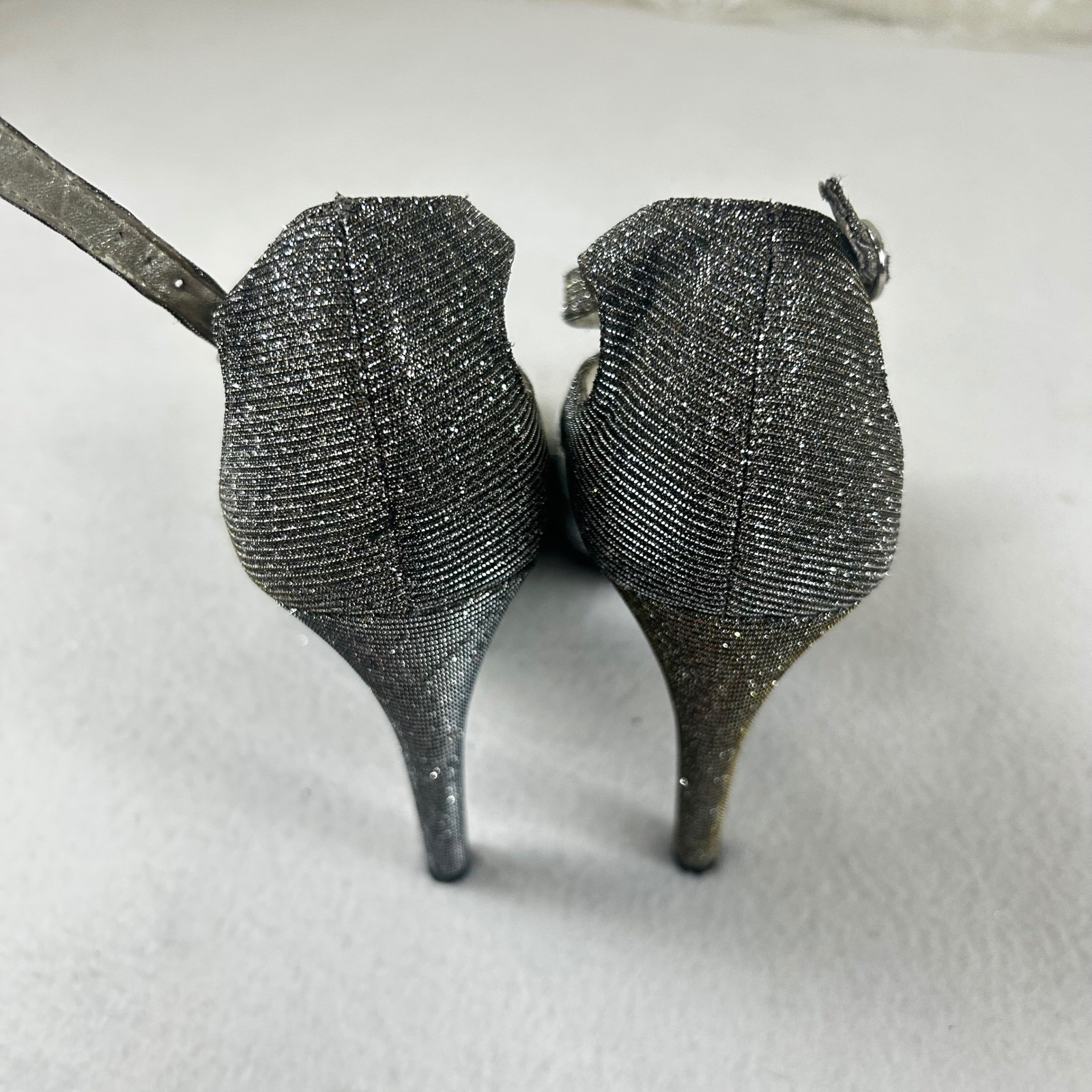 Lulu Townsend Silver Glitter Peep Toe Platform Ankle Strap Heels Womens Size 10M