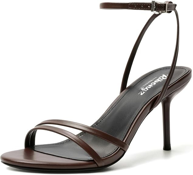 RIBONGZ Brown Heels for Women Kitten Stiletto Heels with Ankle Strap Round Open