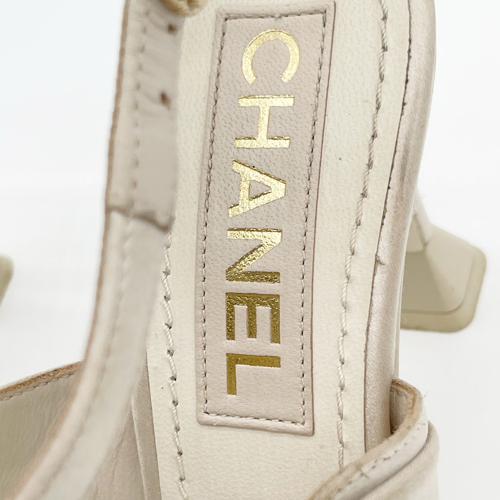 Chanel S/S 2023 Beige Satin Crystal CC Logo Ankle Strap Sandal Heels EU 36