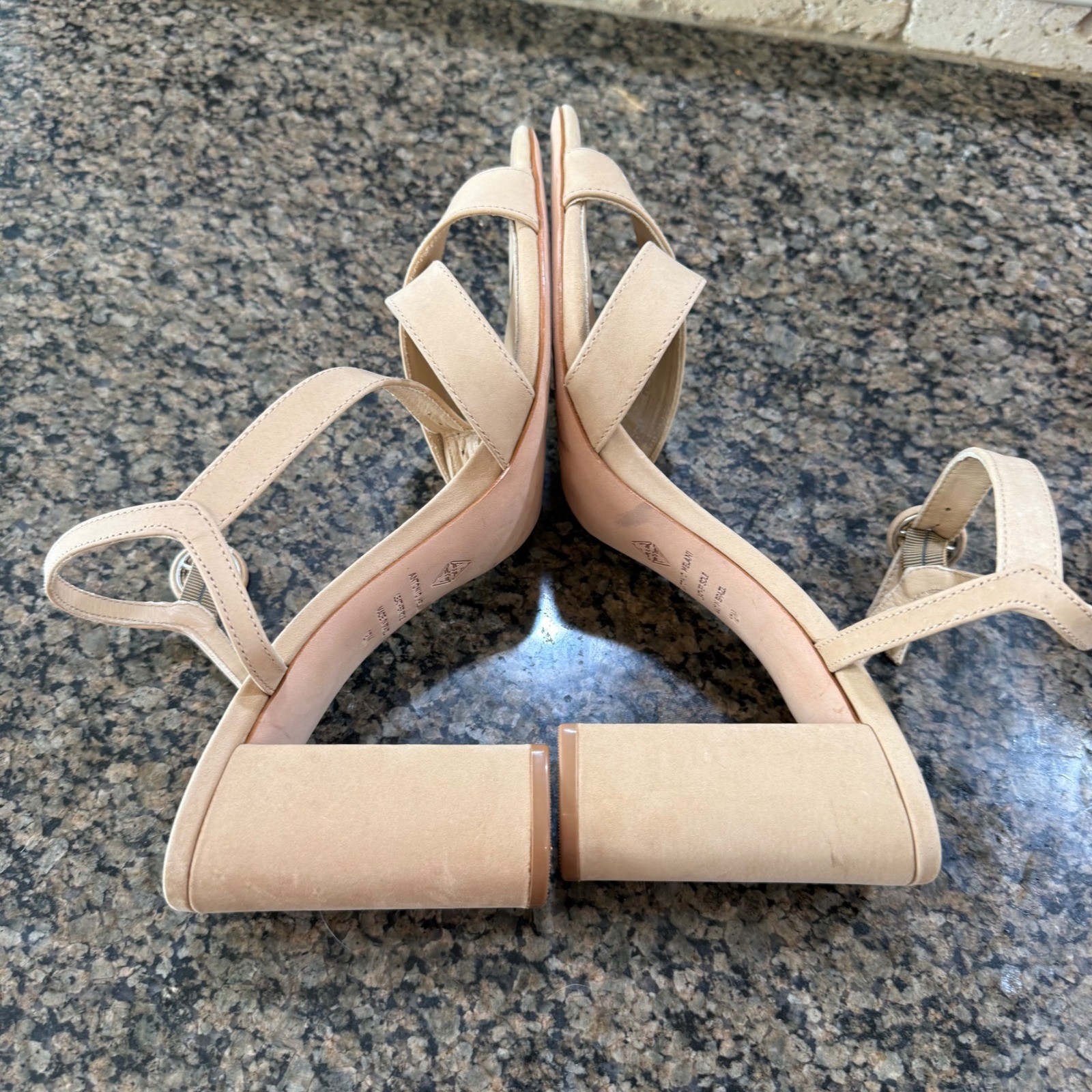 Antonio Melani Nude Suede Strappy Block Heel Sandals Size 12M Made in Brazil