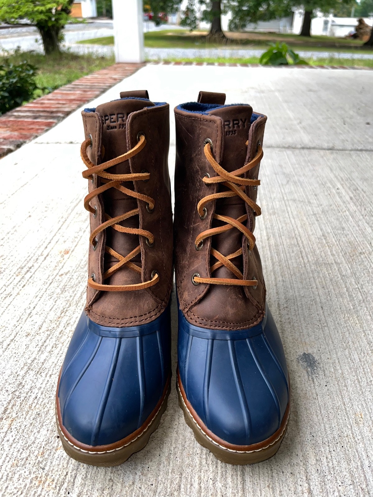 Sperry Saltwater Heeled Duck Boots Women’s Size 6 Brown/Navy STS85479 EUC