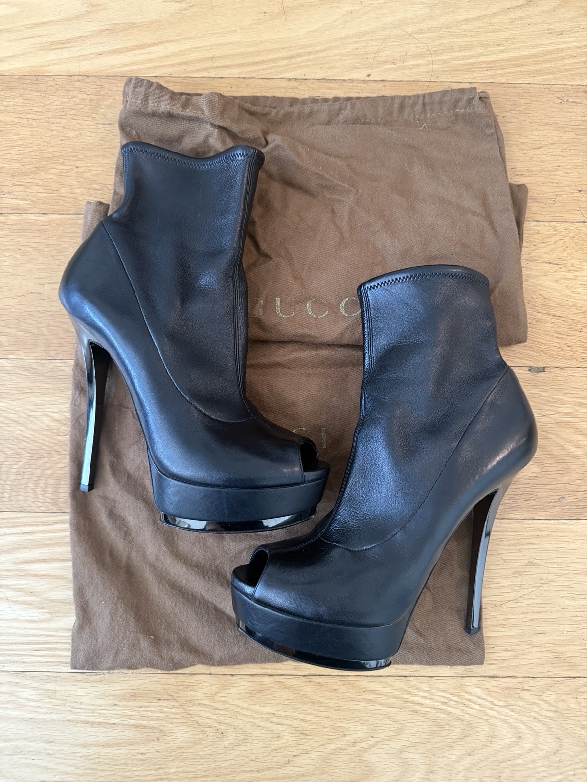 Tom Ford Era GUCCI Ankle Boots Peep Toe Stiletto Platform Black Leather Sz 40