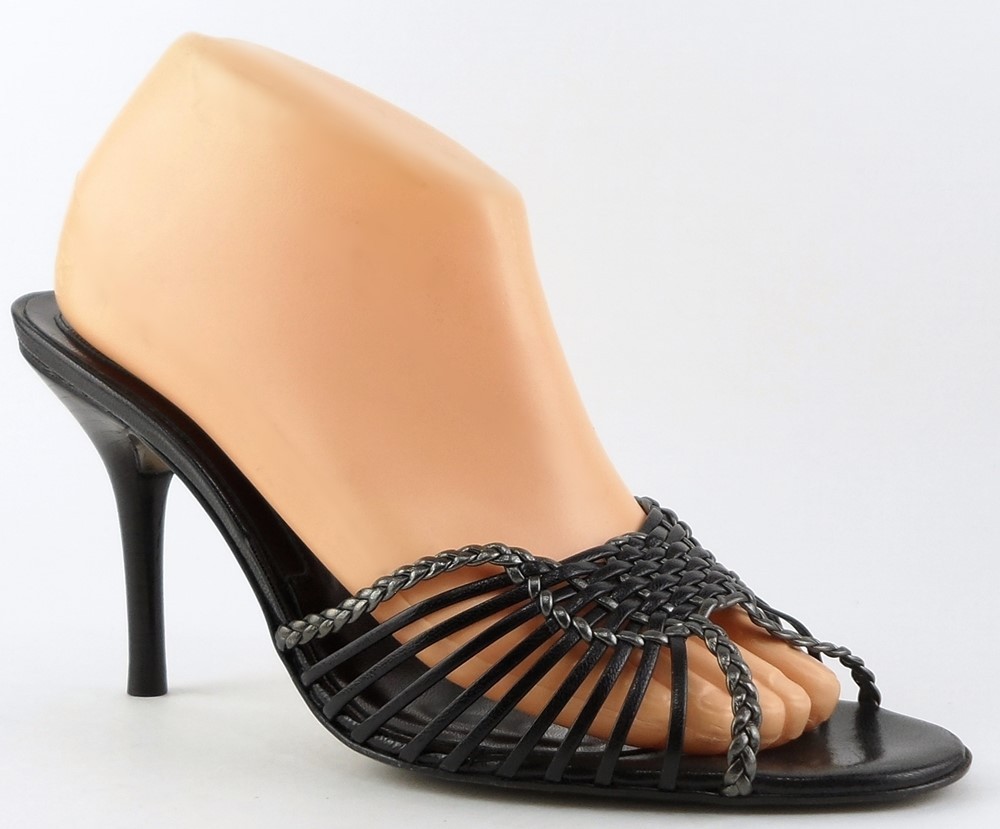 $179 VIA SPIGA STRIBE Black Pewter Leather Designer Slides ITALY Sandals 9.5