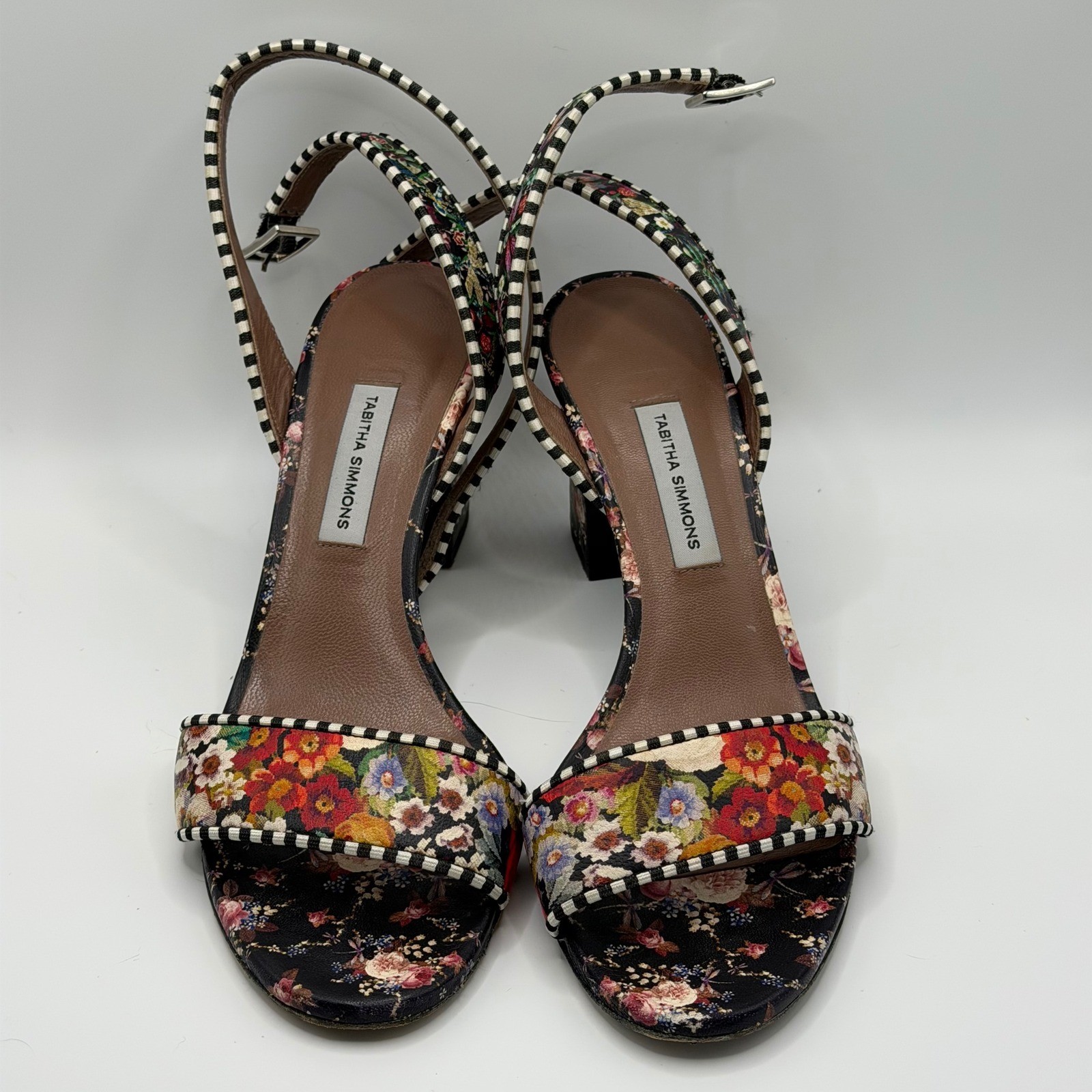 Tabitha Simmons Leticia Floral Block Heel Sandals Striped Trim Size 37