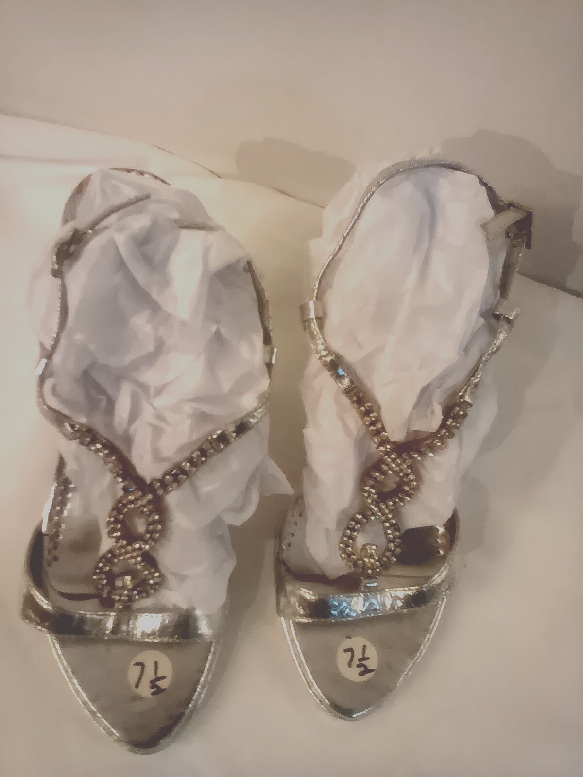 Rasolli silver t-strap slingback heels 7.5M 3″ heel rhinestones buckle man made