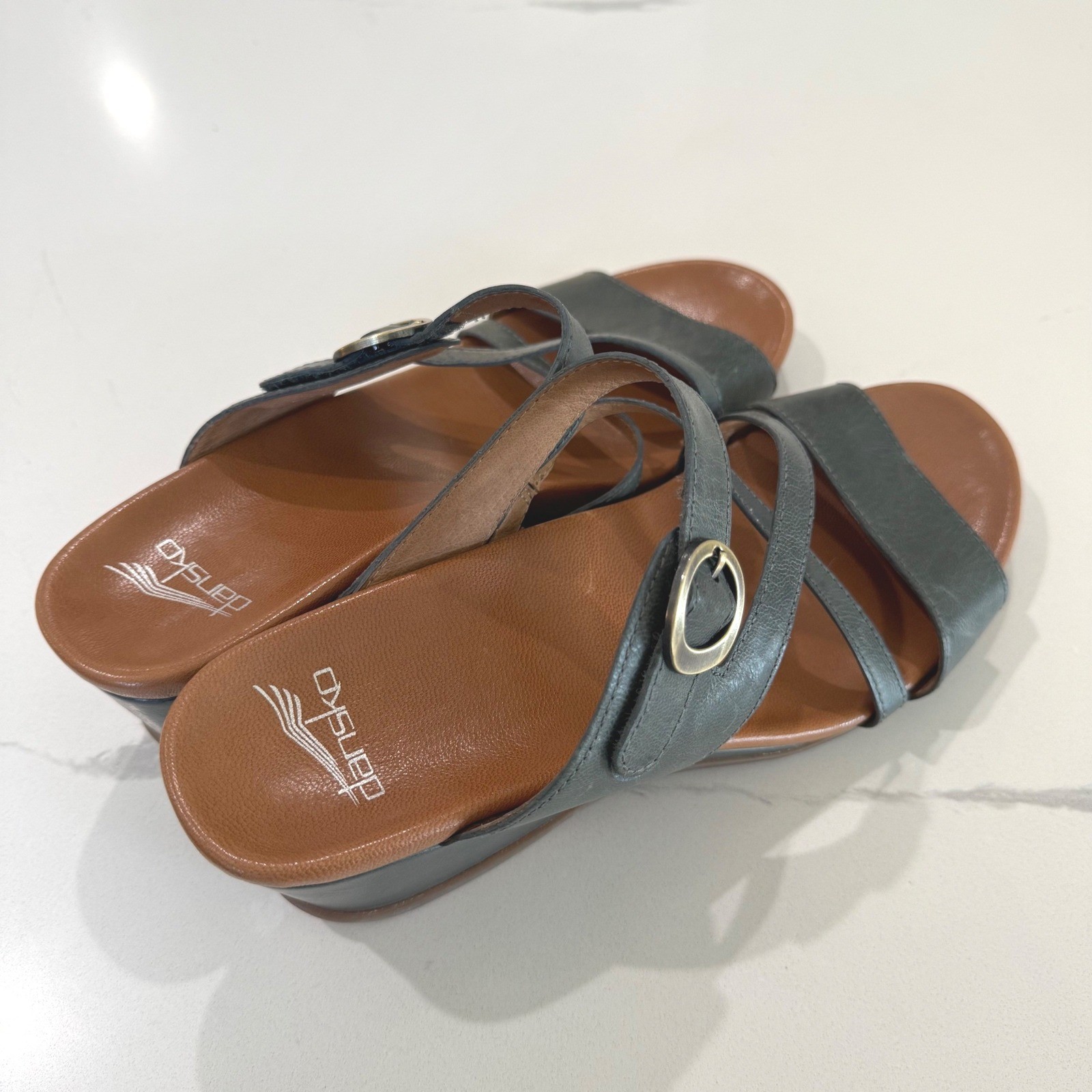 Dansko Ana Womens Gray Blue Leather Strappy Wedge Sandals Size 41 Shoes 10.5-11