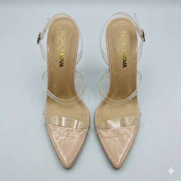 Fashion Nova Glass Slipper Nude Pointed Toe Heels Size 8 | Clear Strap Pumps