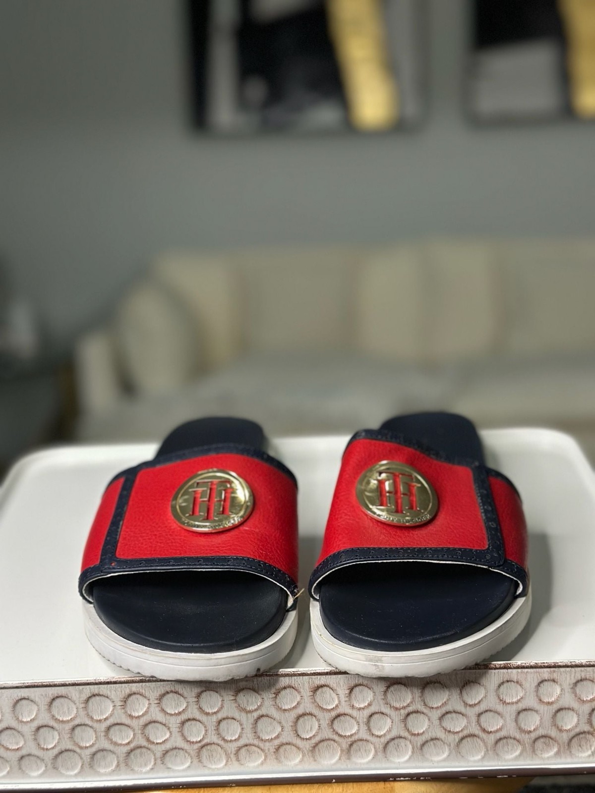 Tommy Hilfiger Women’s Souli Slide Sandal Red and Navy with Gold Logo Medallion