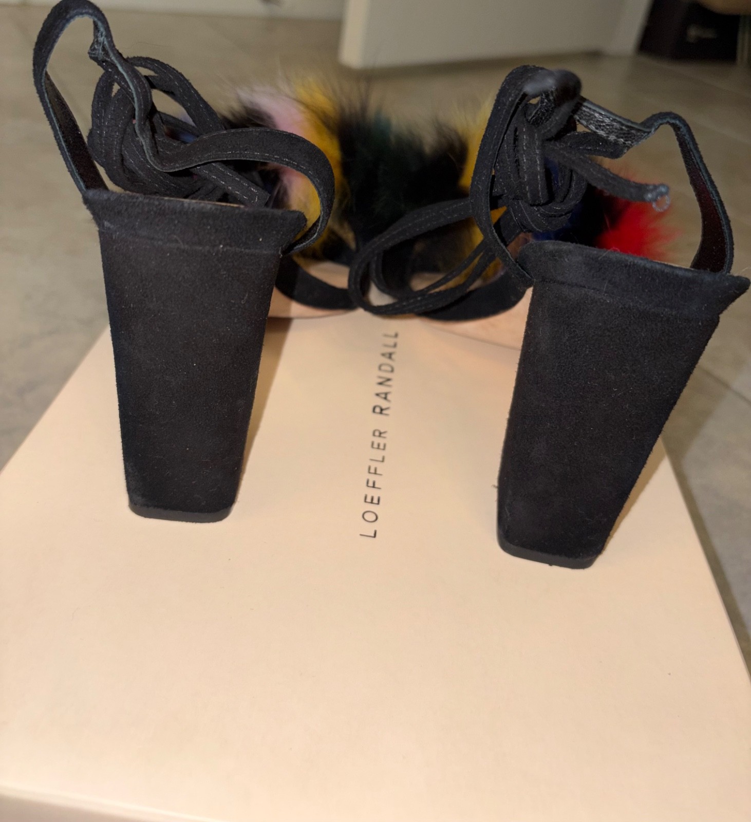 LOEFFLER RANDAL Nicolette Black Suede Fox Fur Multicolor Block Heel Sz 8.5 $495