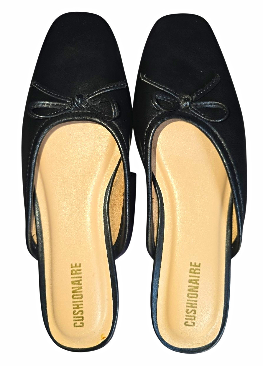 Cushionaire Women’s Black Leather Slip-On Mule Flats Square Toe Bow US 8 M