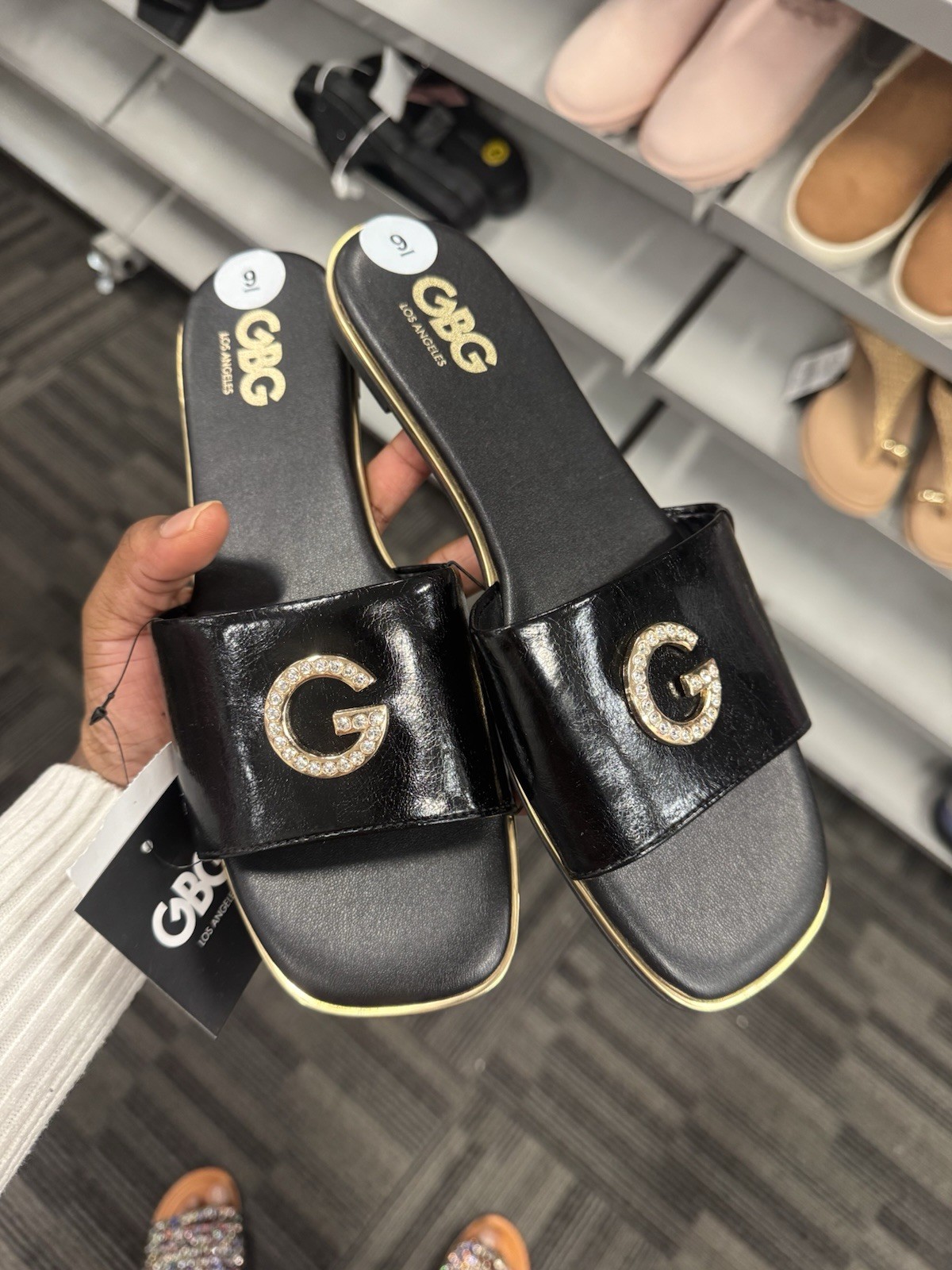 GBG Los Angeles Women’s Black Slide Sandals Gold Logo Beaded Accent Size 10