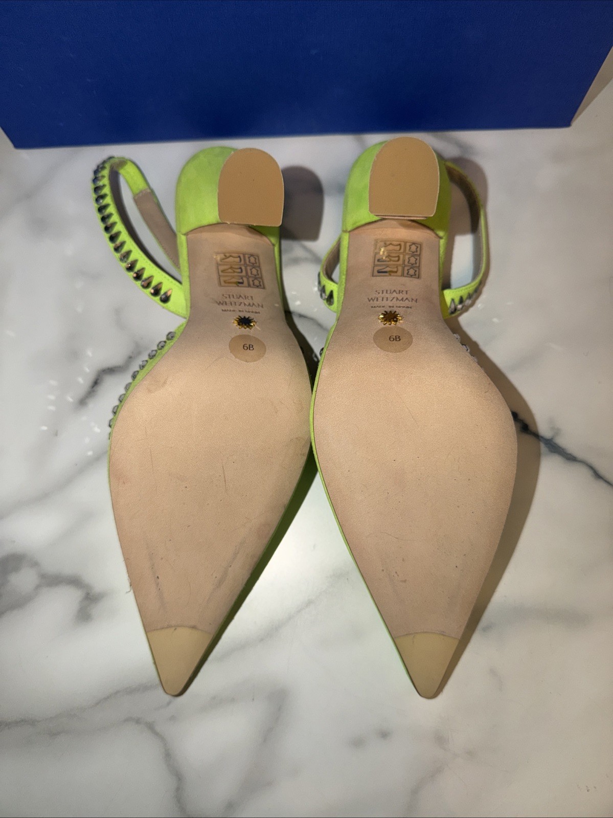 Stuart Weitzman GEMCUT XCURVE 100SLINGBACK Neon Green Suede Swarovski Crystal 6B