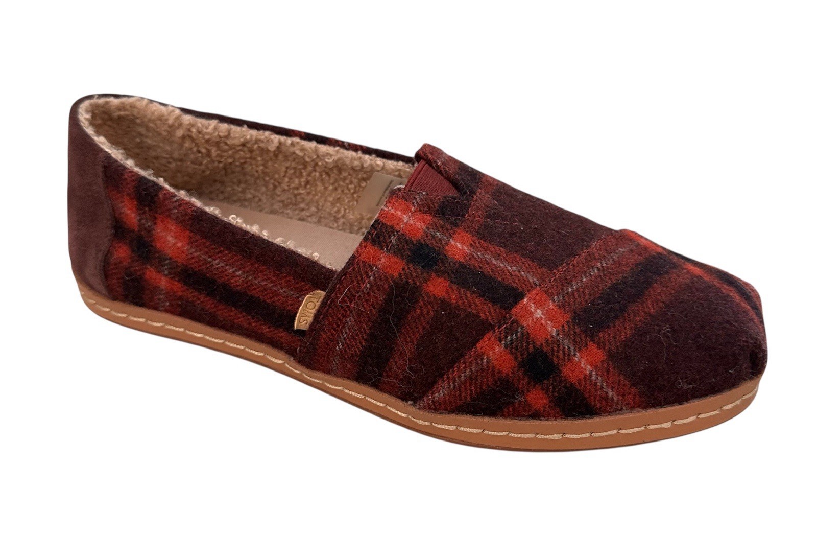 Toms Womens Alpargata Red Black Plaid Flannel Faux Shearling Slip Ons NWOT Sz 8