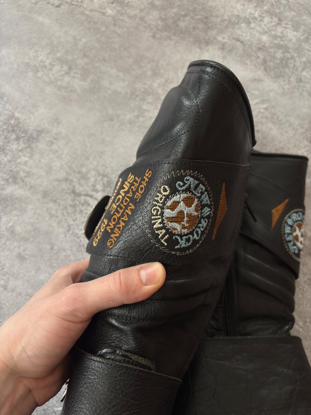 Vintage Biker Engineer Boots Black Leather Made in Spain Buckle Moto Punk Grunge