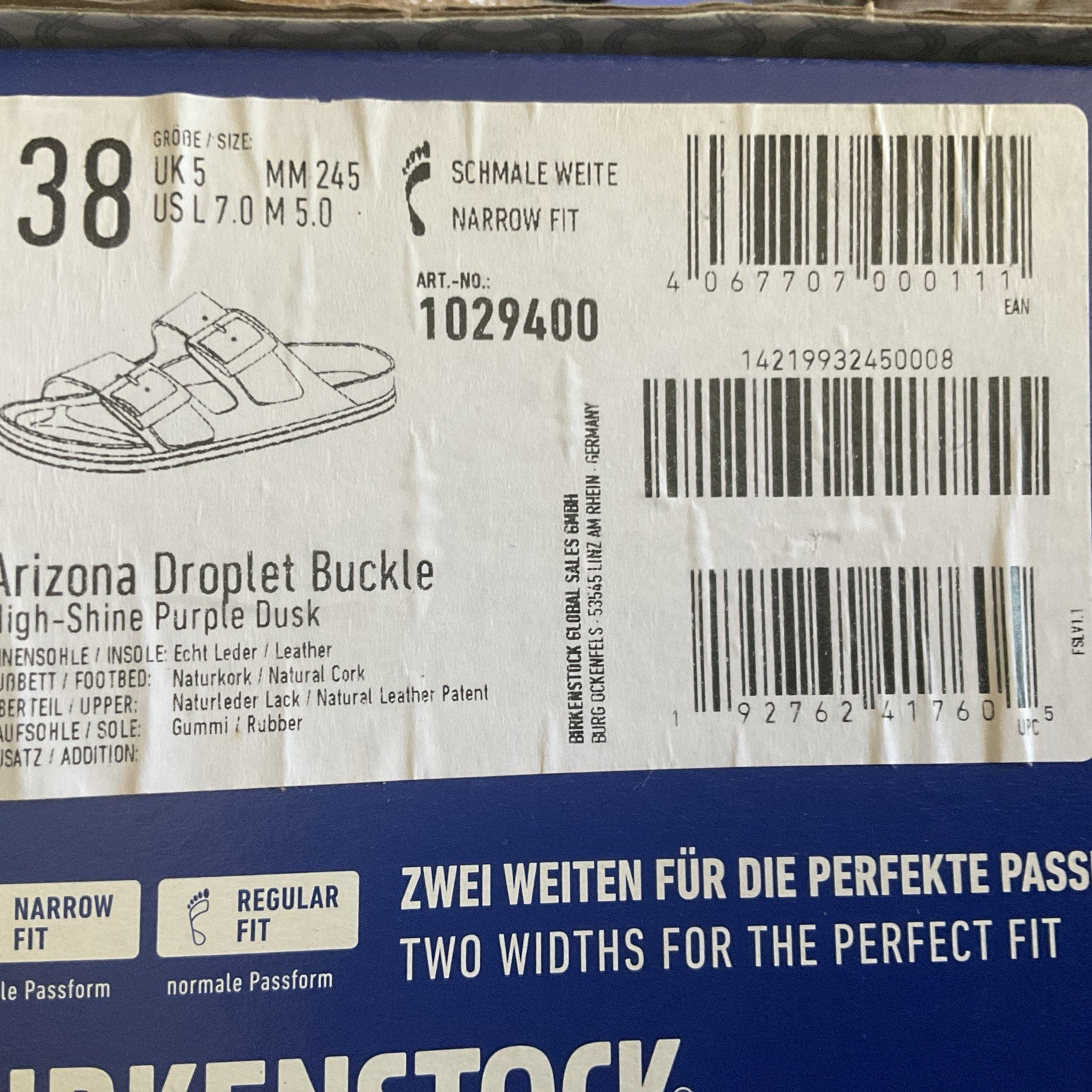 Birkenstock Arizona Big Buckle HIGH SHINE Leather Narrow Sandals EU 38 Purple