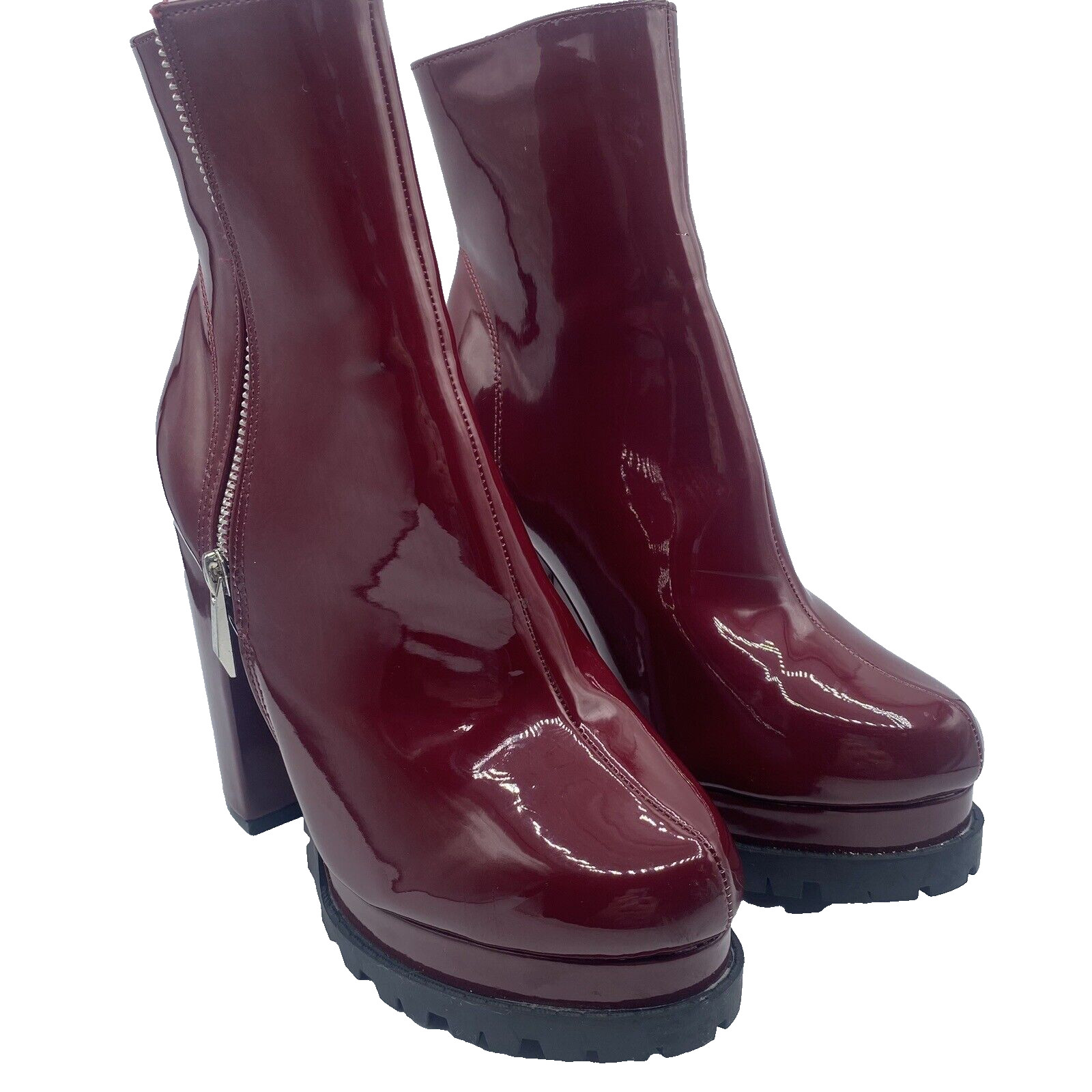 Women’s Burgundy Wine Maroon She & In Chunky Heel Zippered Boots Mod Y2K Sz 7.5