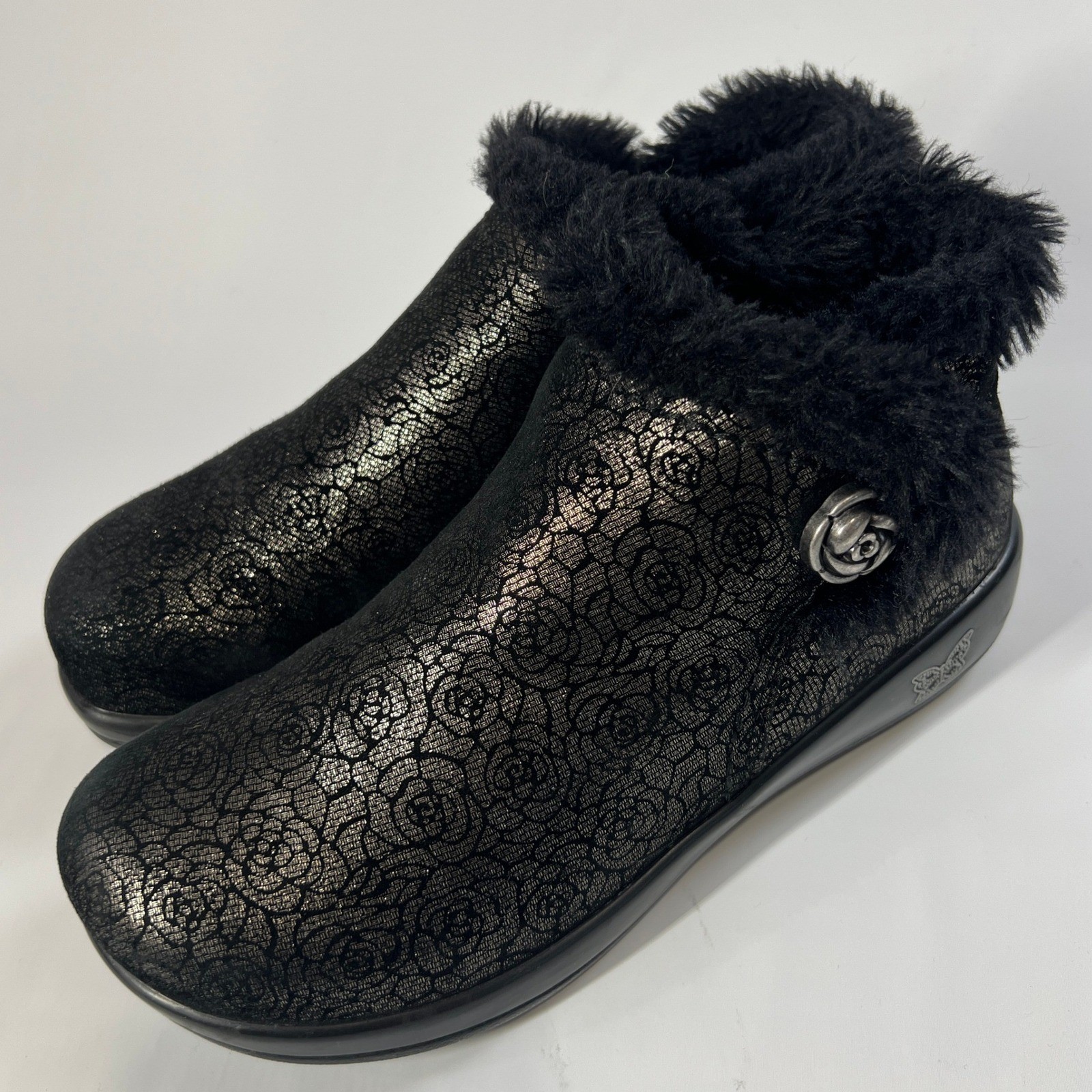 Alegria Meri Black Floral Water-Resistant Leather Ankle Boots Faux Fur Lined 37W