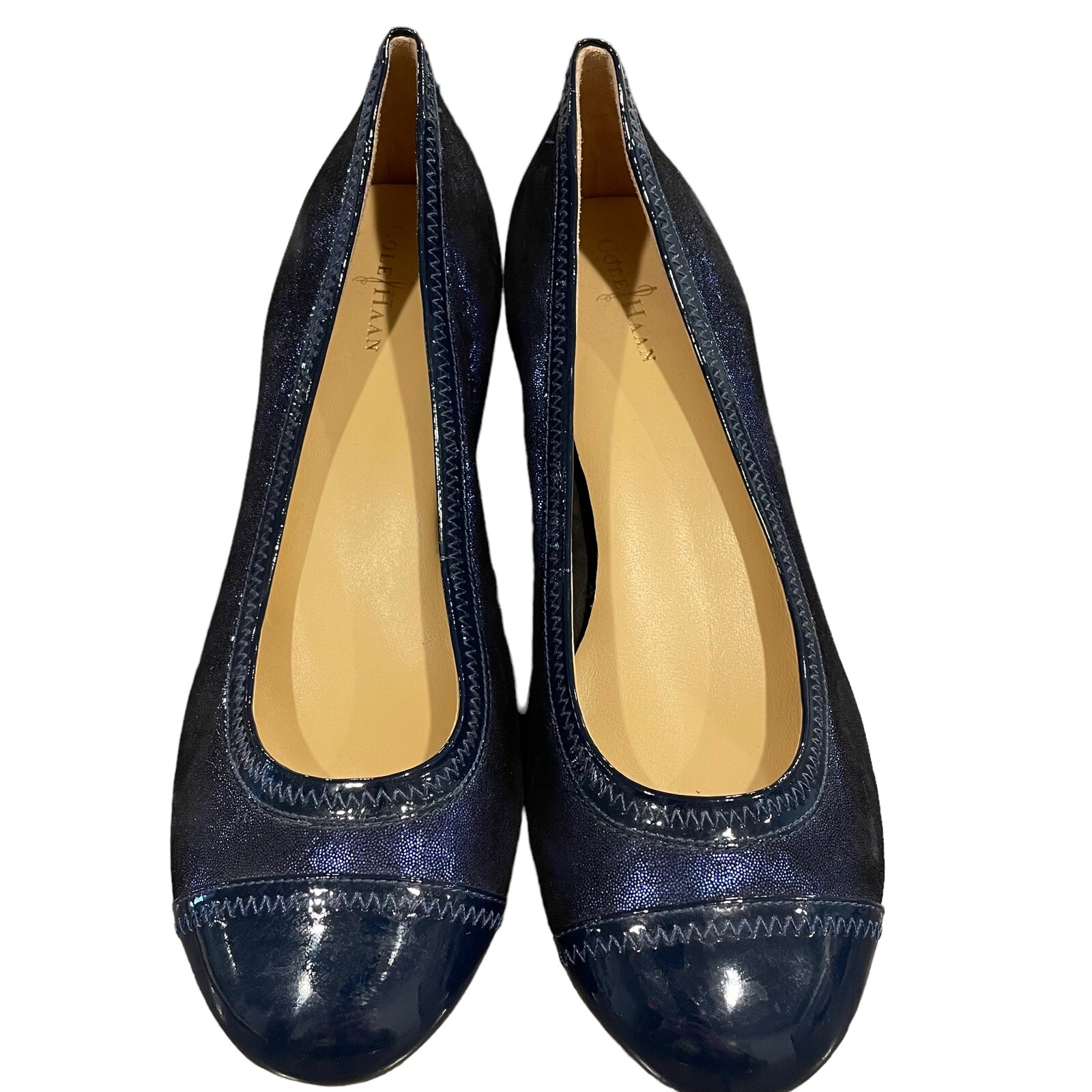 Cole Haan Metallic Blue Cap Toe Wedge High Heel Slip On Shoes Womens 8 B Air