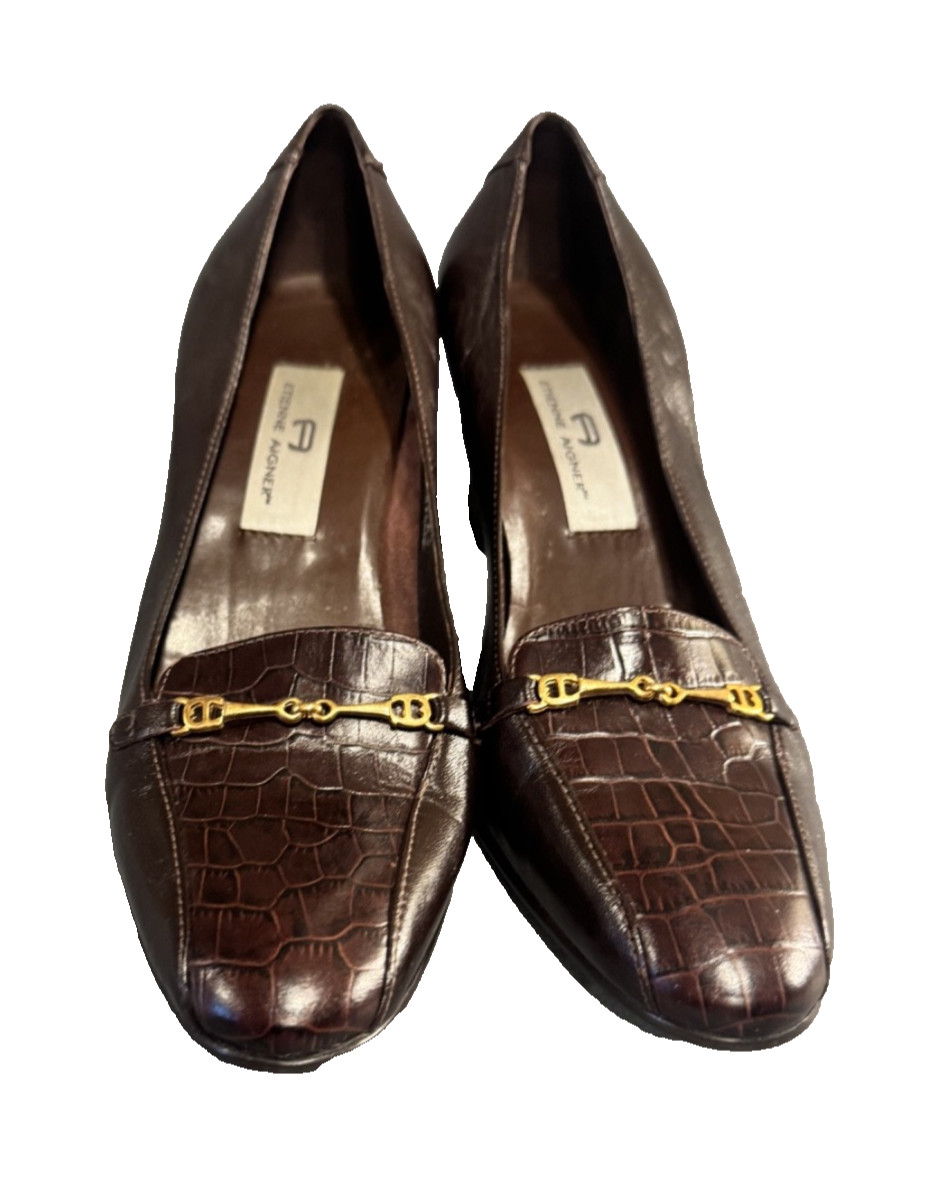 Etienne Aigner Brown Leather Block Heel Pumps Womens 7.5 Croc Embossed Horsebit
