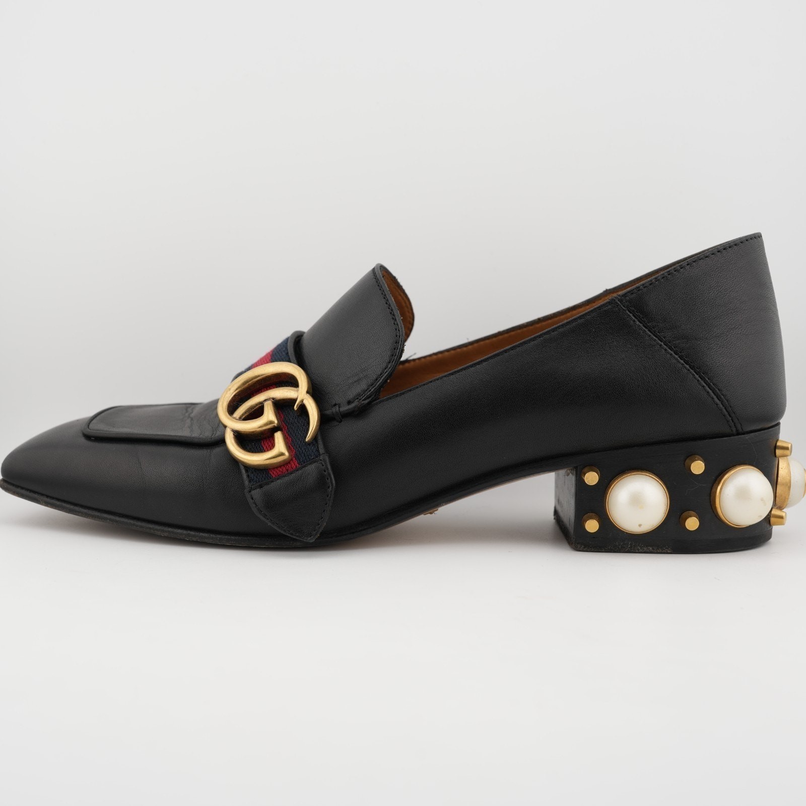 Gucci Black Leather Peyton GG Sylvie Pearl Studded Loafer Women 9
