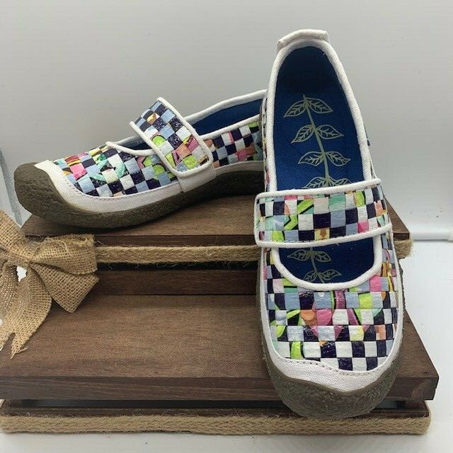 New KEEN MARY JANE FLATS SLIP ON BLACK WHITE CHECKERED HARVEST RICE 5.5