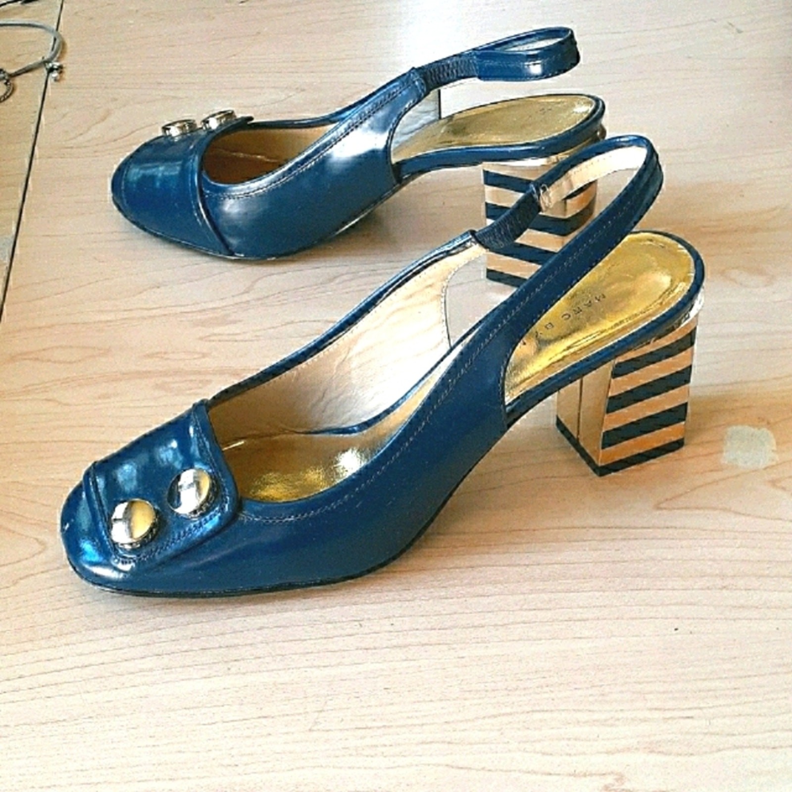 Marc by Marc Jacobs Sliingbacks Blue Gold Striped Heels 35.5 Art Deco City Chic