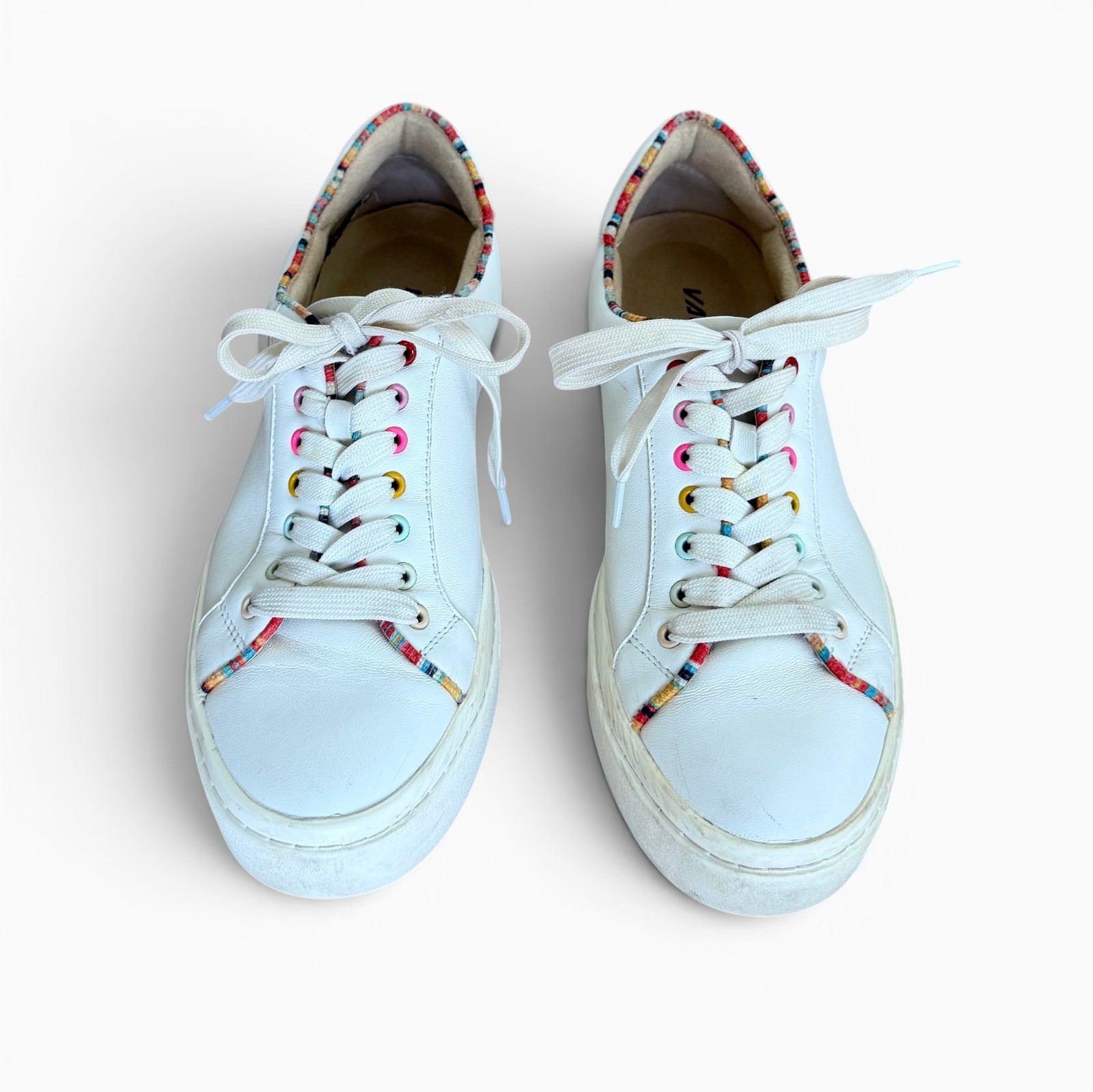 Size 8.5 Womens; VANELI Sport White Leather Sneakers with Colorful Trim