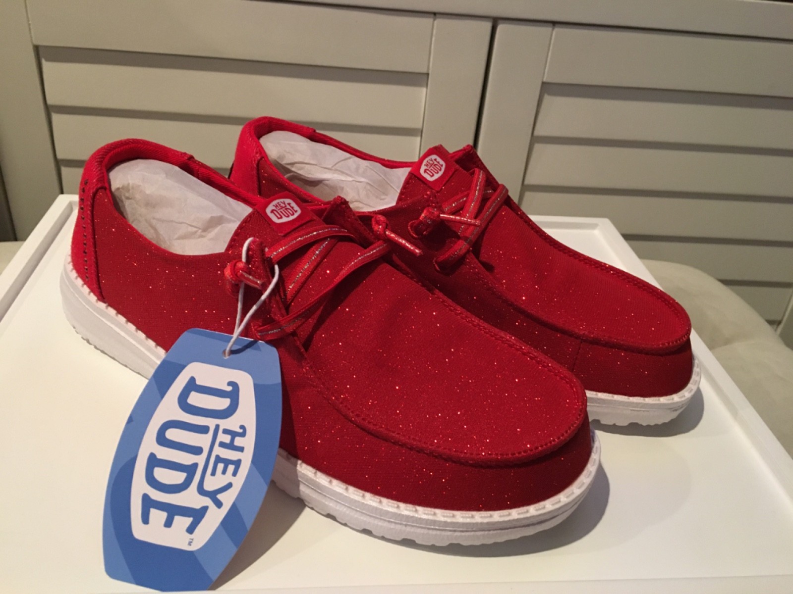 Women’s Wendy Stardust HeyDudes ~ Berry Red ~ Sz 9 ~ New In Box