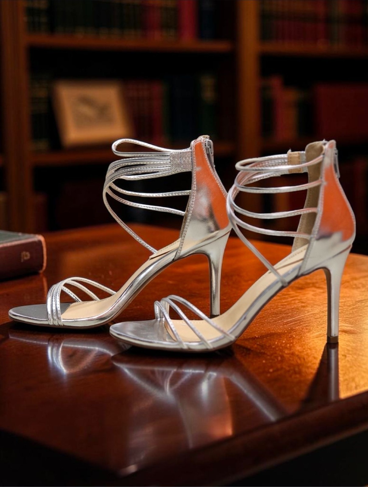 Strappy Metallic Silver High Heel Sandals With Ankle Strap Closure – Womens