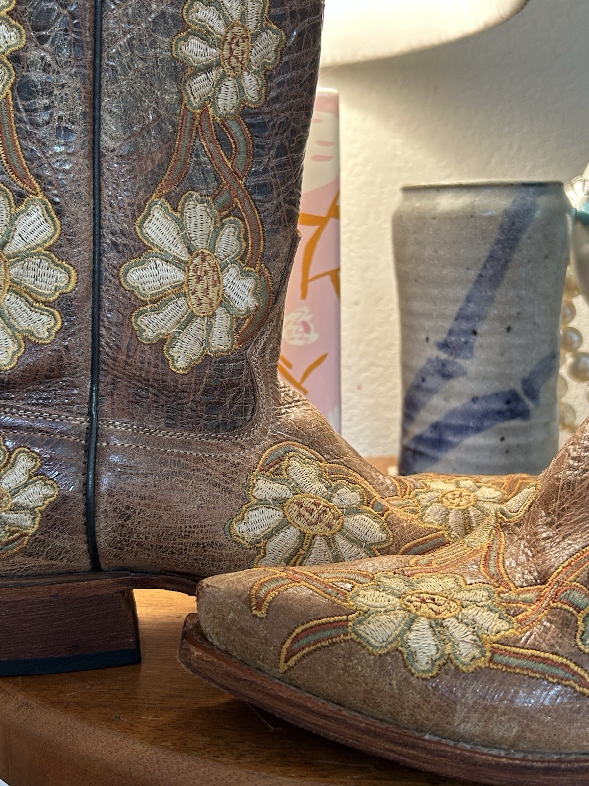 Macie Bean Women’s Western Knee High Leather Boots Floral Embroidered 7