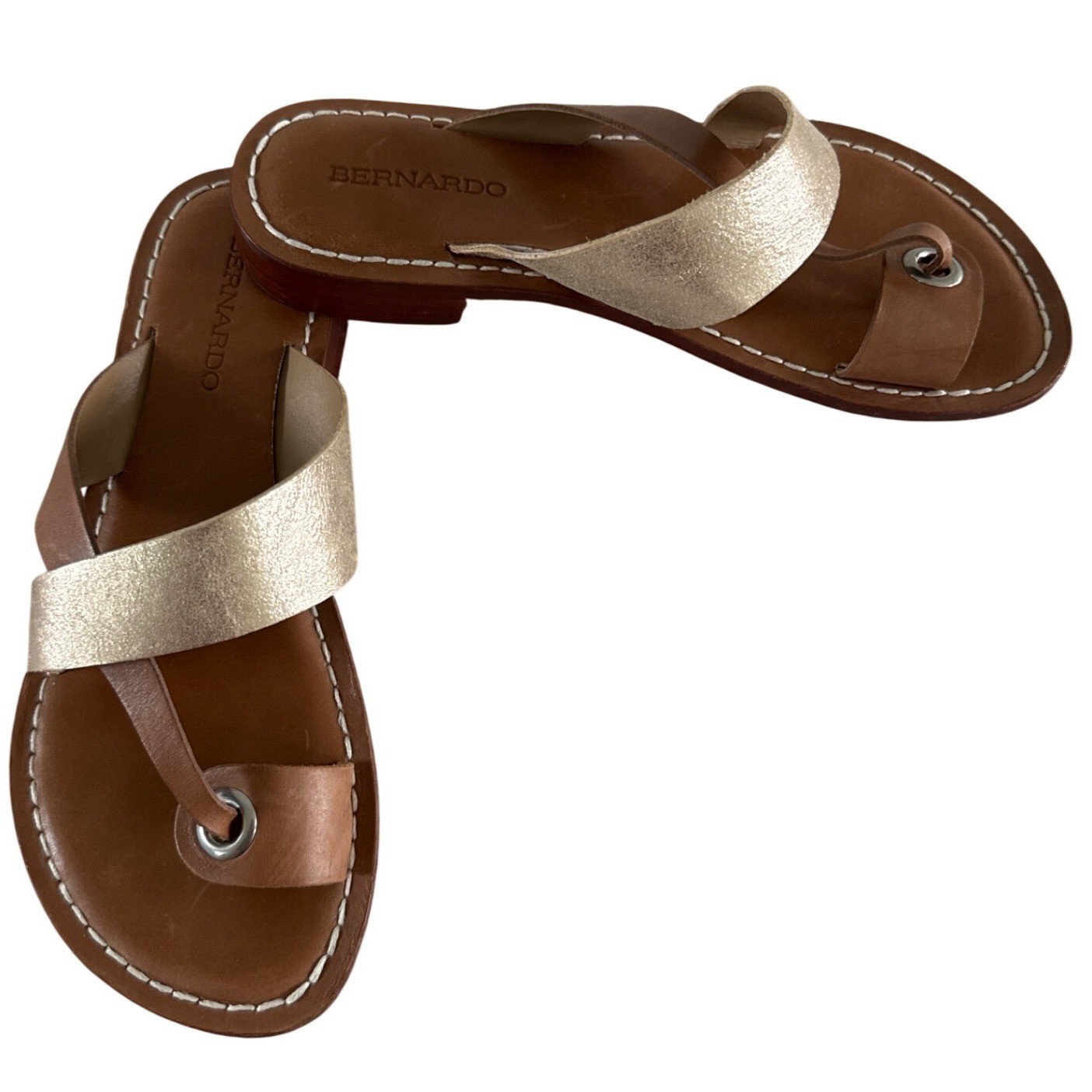 Bernardo Tia Leather Cross-Strap Sandal Platinum Gold & Tan Size 8M $158