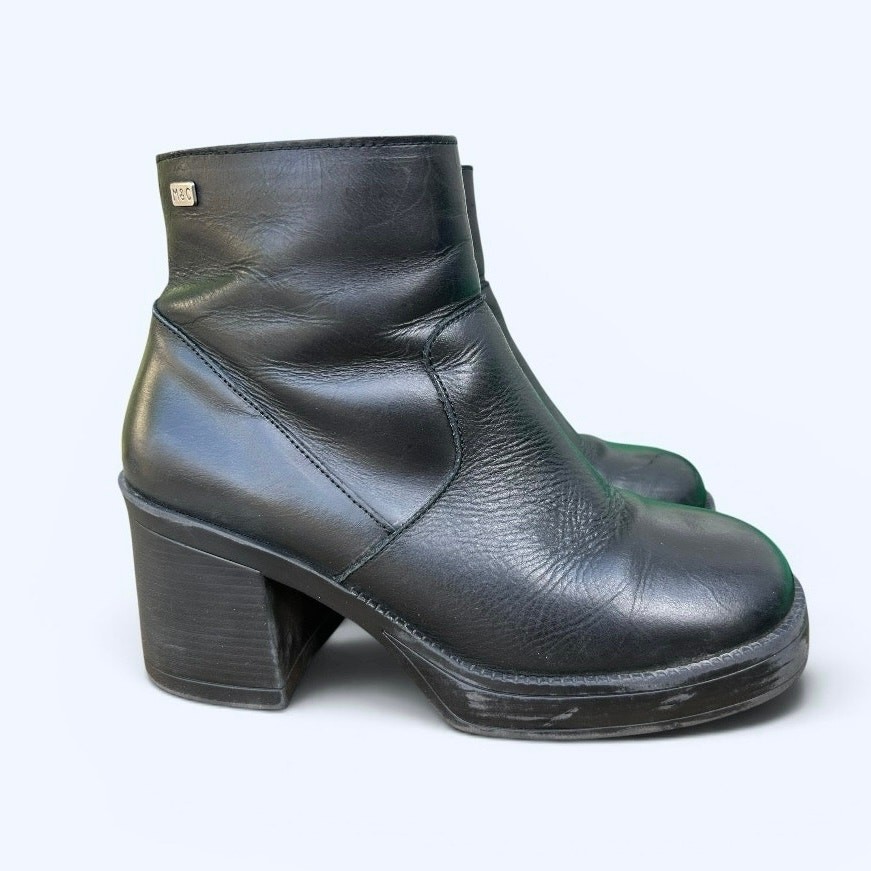 Vintage Y2K Chunky Block Heel Platform Ankle Boots Black Leather M&C Womens 40