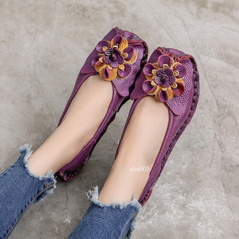 Leather Flat Shoes Women Flats with Flowers Ladies Soft Shoes Loafers Slip On