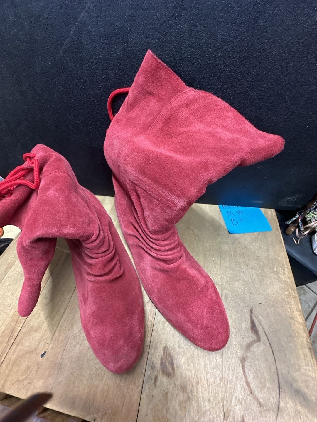 Stagelight Red Suede Slouchy Mid-Calf Boots with Back Lace-Up Detail