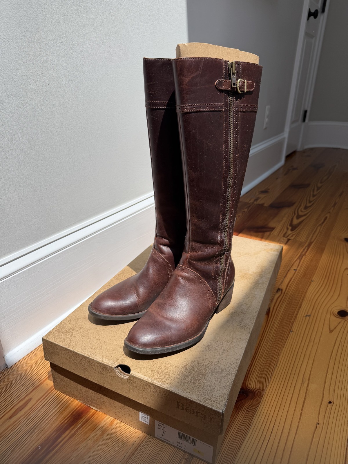 Born Poly Brown Leather Tall Riding Boots Zip Women’s Size 10M