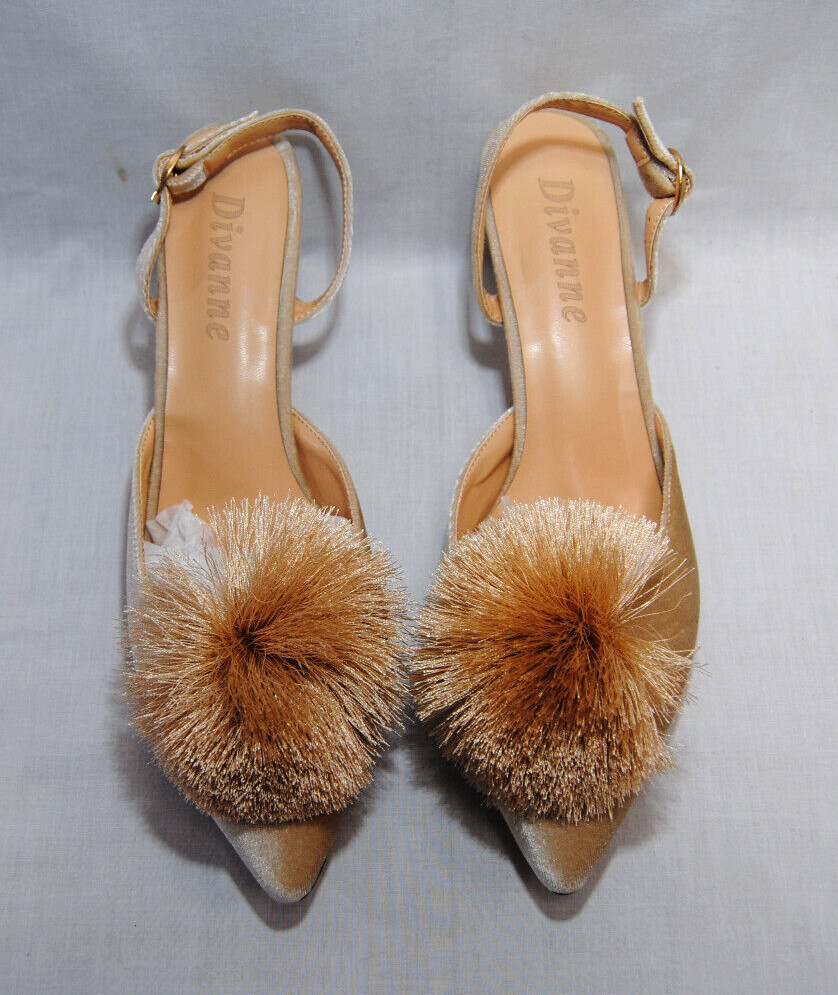Divanne Women’s Puff Pompom Slingback Pumps Pointed Toe Kitten Heels New T2346