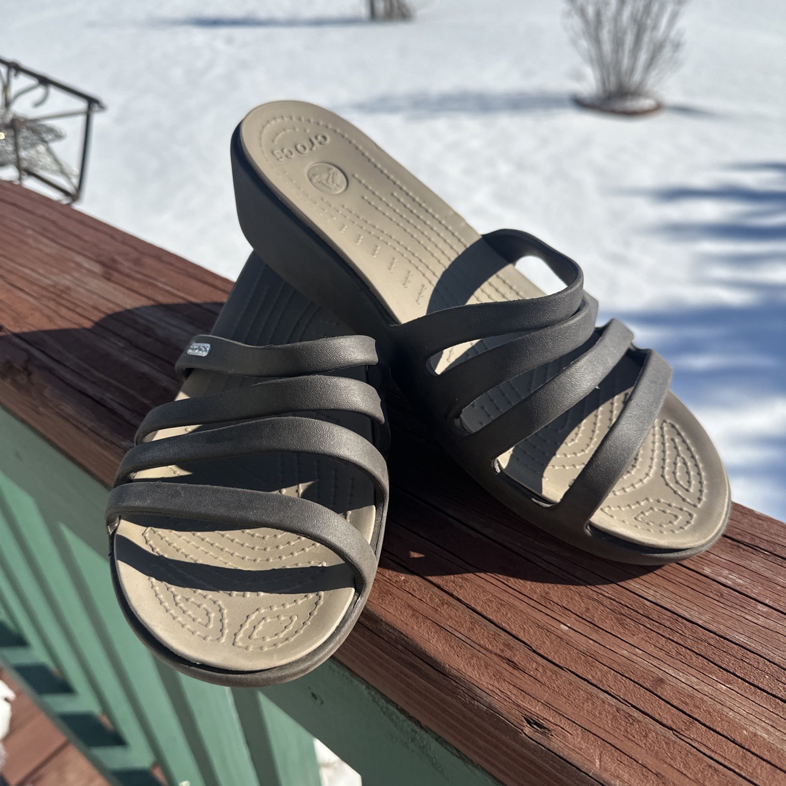 Women’s Crocs Rhonda Slip On Strappy Wedge Sandals Size 9 Brown