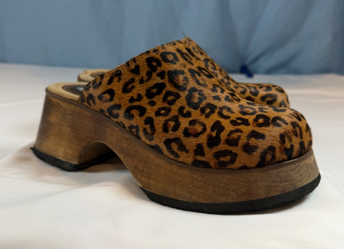 Womens 9 Bongo Leopard Platform Clog Mules Wood Slip On Shoes Y2K Vintage Rare