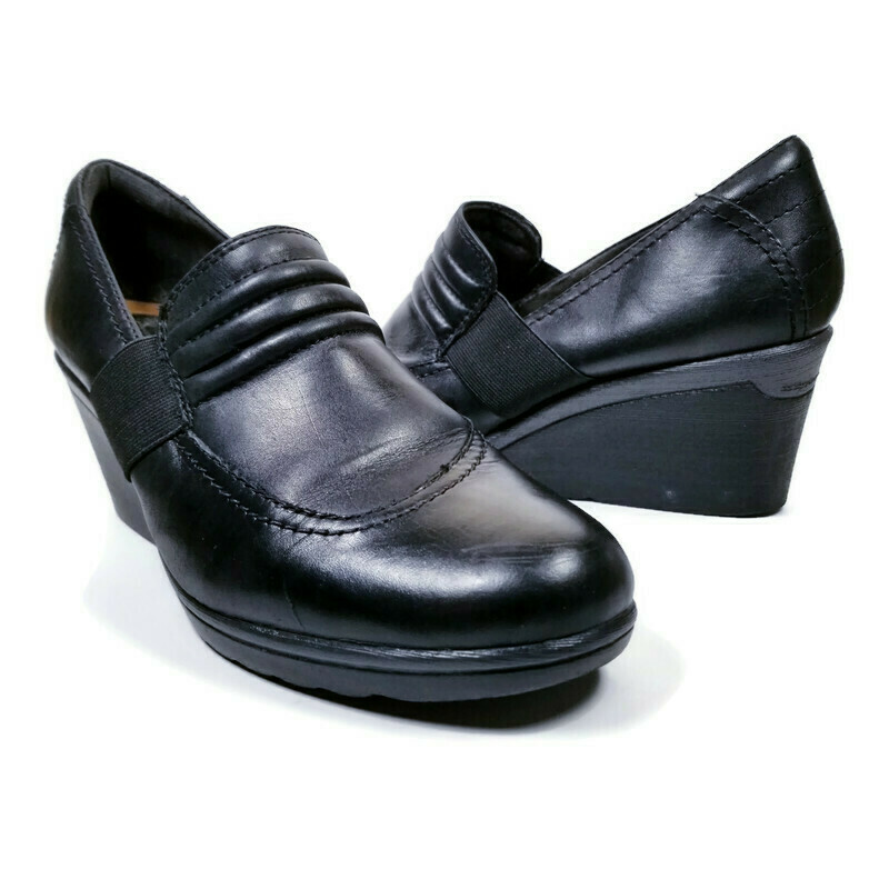 Earth Starling Womens Sz 9B Black Leather 2.75 in Wedge Heel Shoes Clogs