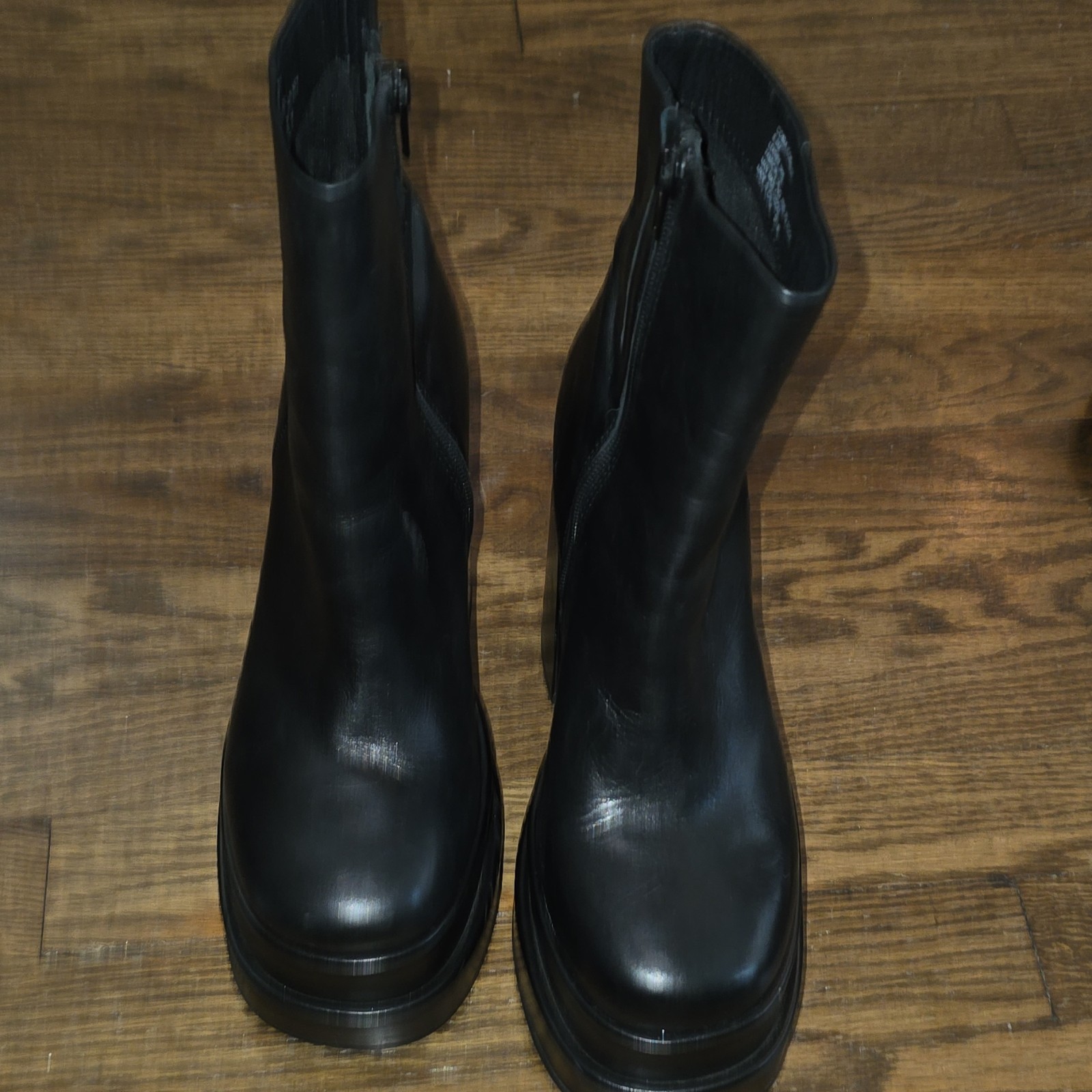 Women’s Black Leather Platform Ankle Boots Block Heel Side Zip Round Toe