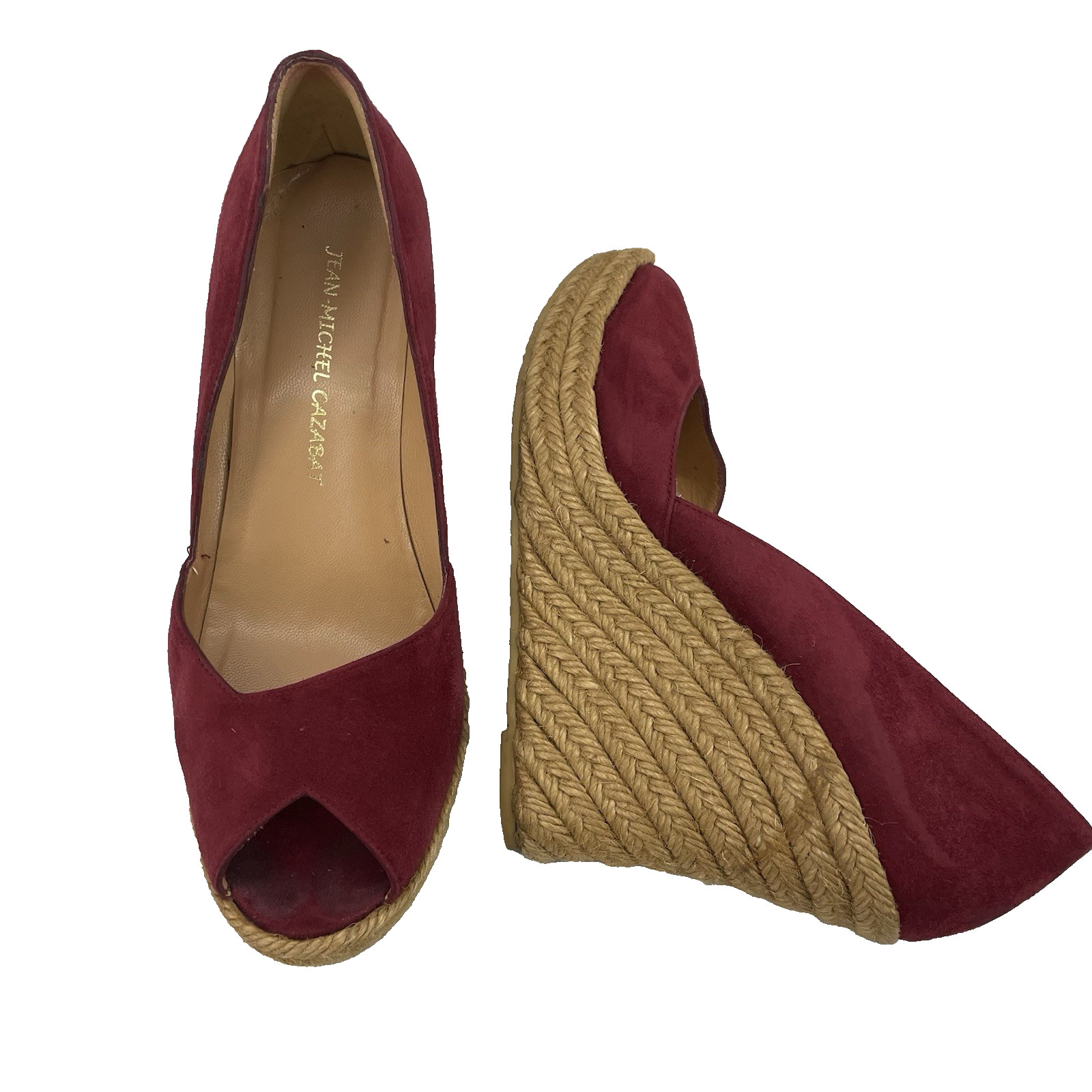 Jean Michel Cazabat Size 7 Maroon High Heels Wedge Peep Toe Slip On Shoes Suede