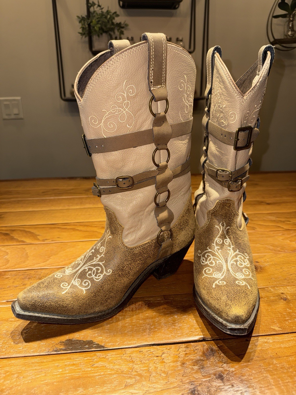 Rockin Country RC5032 Women’s Mid-Calf Western Leather Boots 9.5M Beige/Brown
