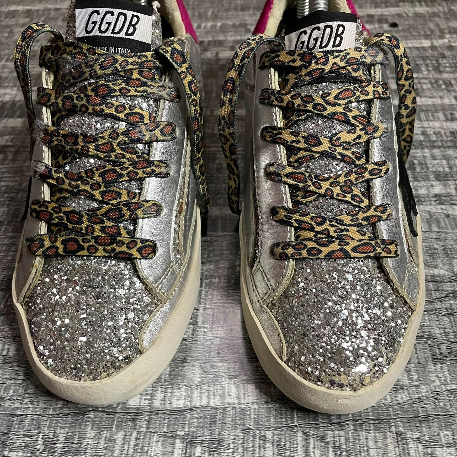 GOLDEN GOOSE SUPERSTAR SILVER GLITTER BLACK STAR PINK HEEL LEOPARD LACES EU 38