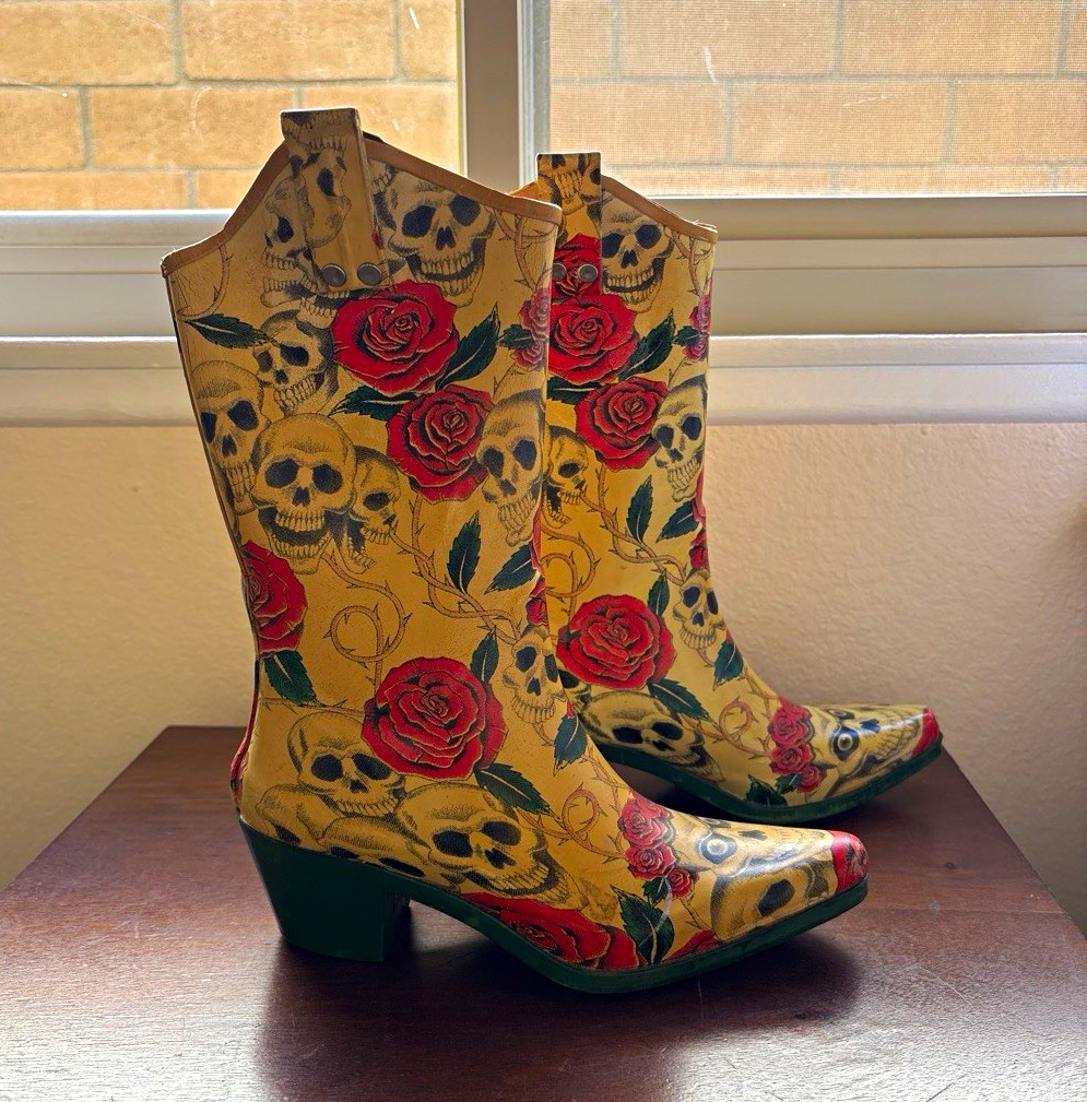 Women’s Western Mid-Calf Pull-On Boots Beige Skull & Roses Print US 6 EU 37