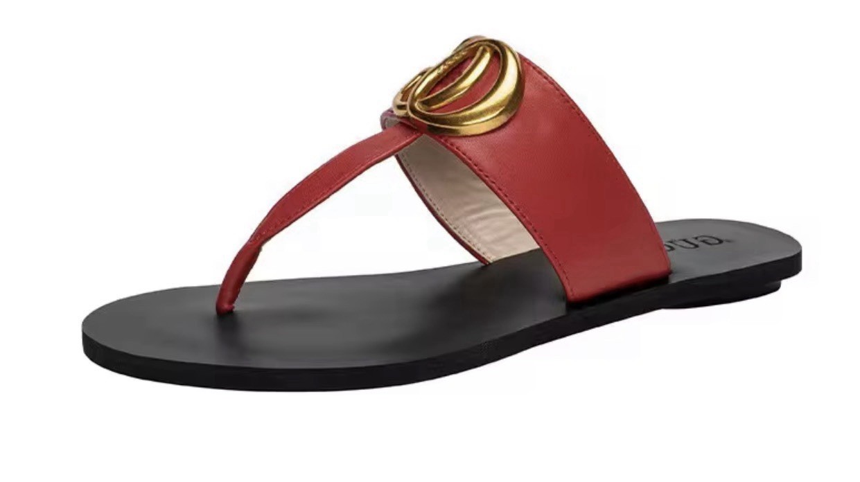 Gucci Women’s Leather Thong Sandals Red/Black/Gold Double G Logo US 8
