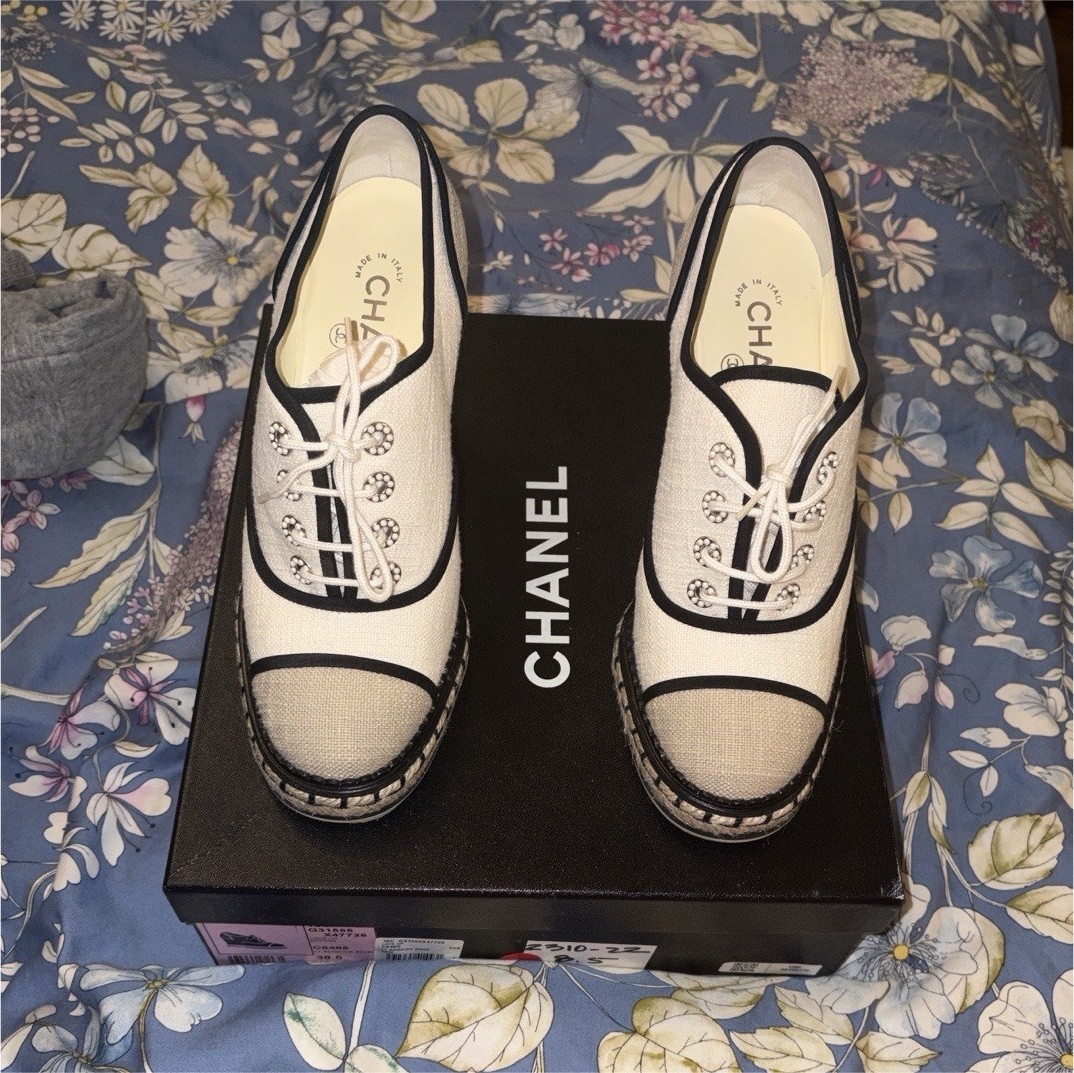 CHANEL Lace Up Wedge Heels Cotton Logo Cap Toe Beaded Light/Dark Beige 38.5