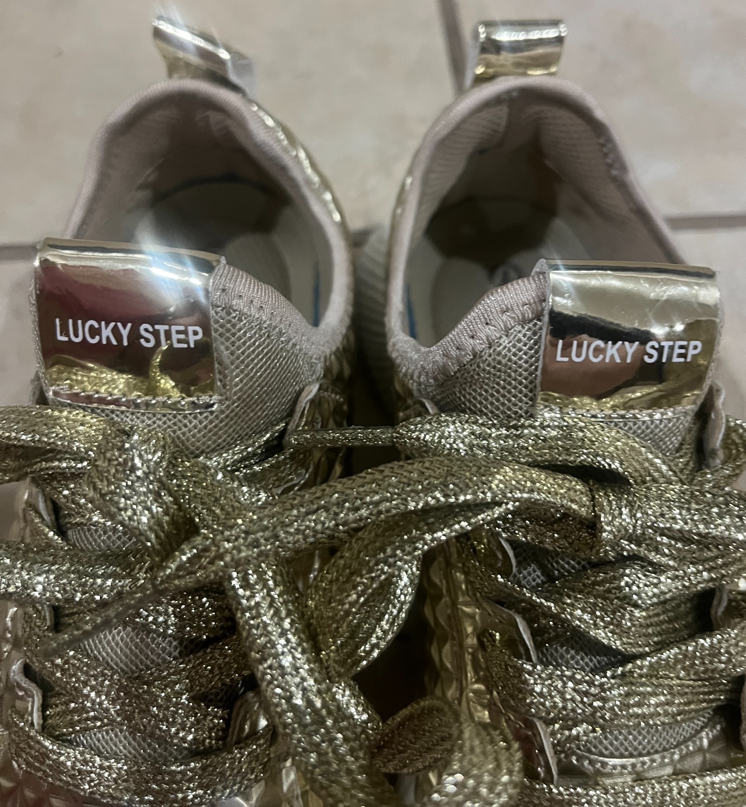 Lucky Step Women’s Gold Metallic Sneakers Size 7 Air Cooled Lace-Up Casual Shoes