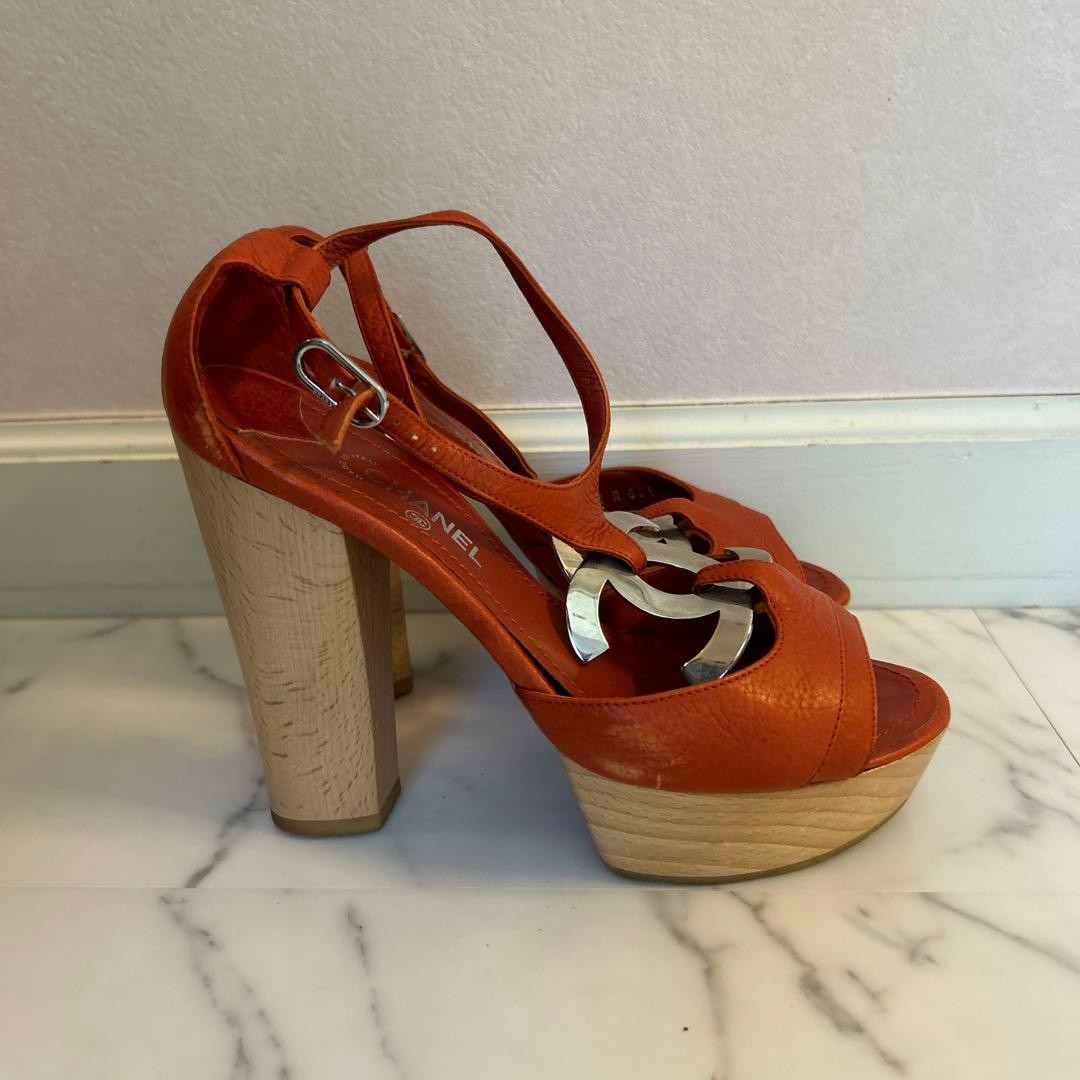 CHANEL Shoes Pumps Heel Cocomark EU 36.5 US 6.5 Leather Orange Authentic