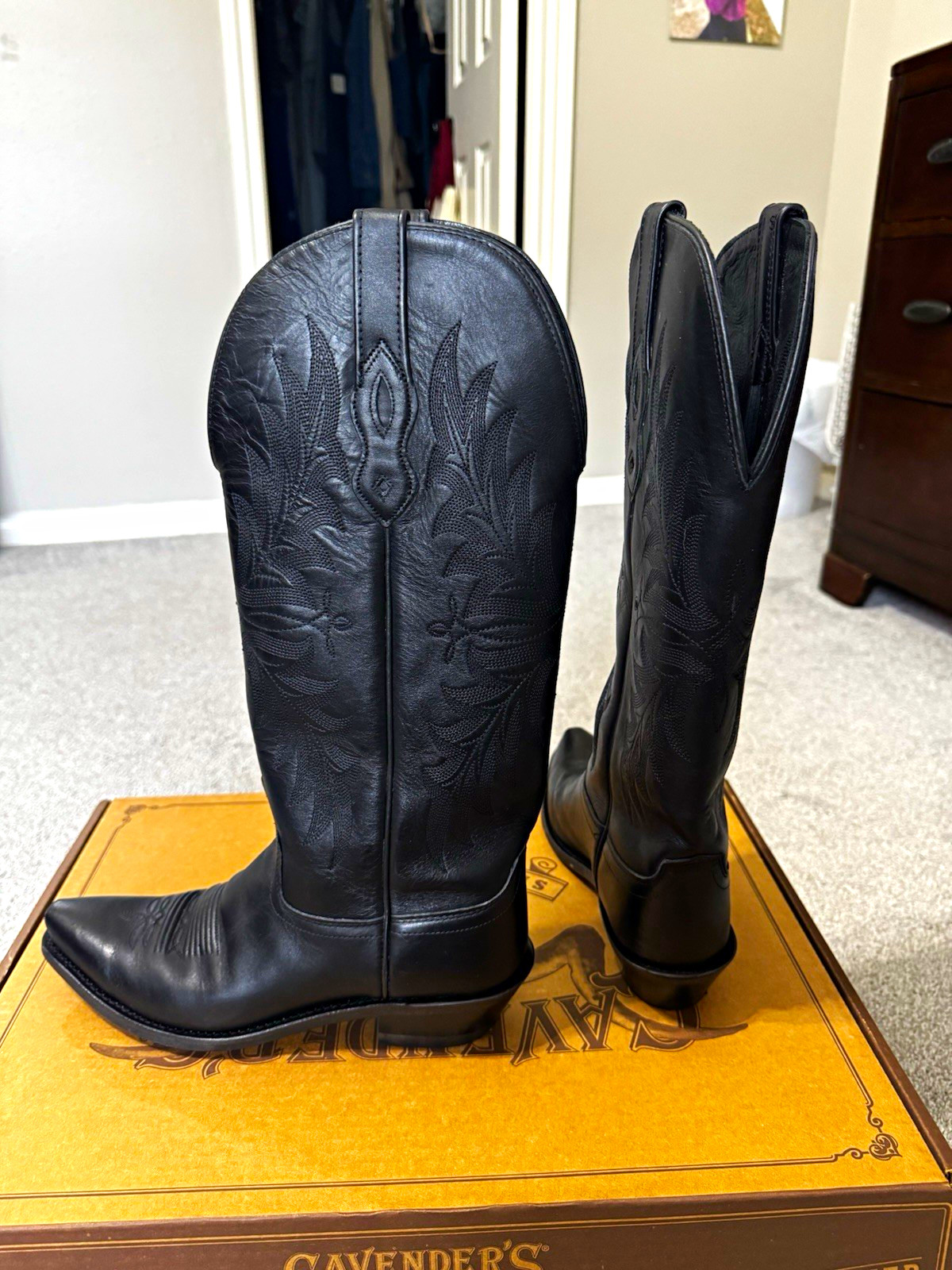 Old West Men’s Black Leather Pull-On Western Cowboy Boots Embroidered 8B