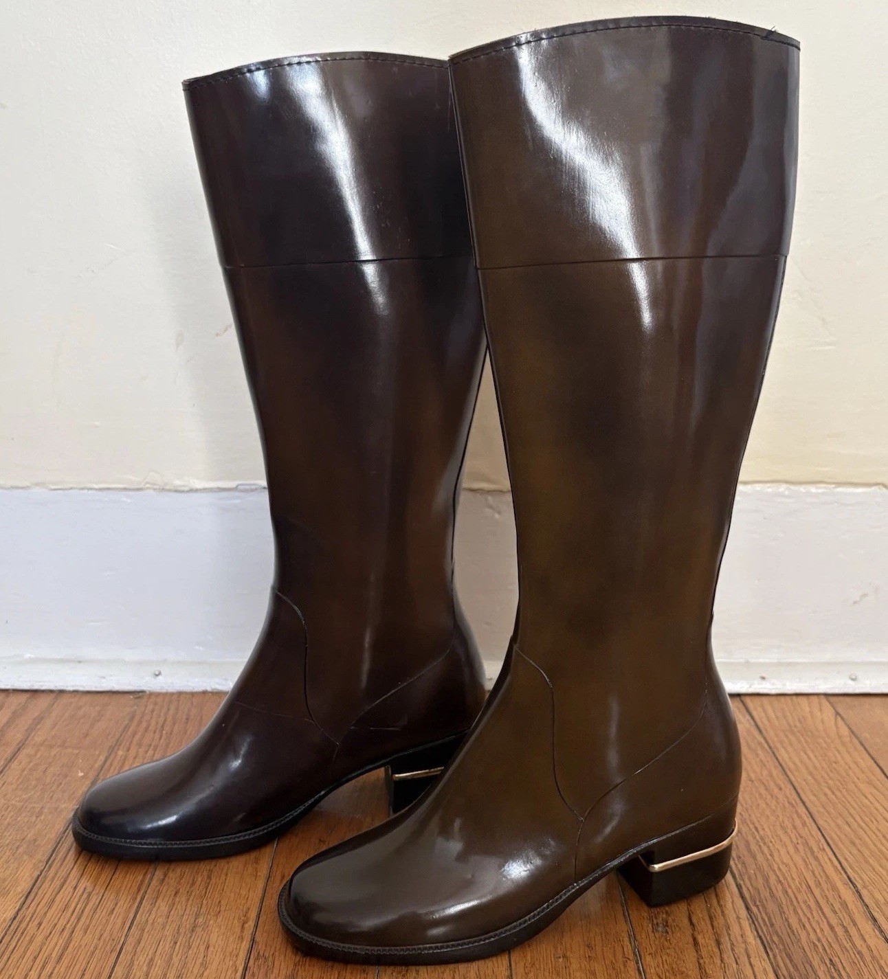 Vintage Golo Brown Rubber Rain Boots Size 5 Waterproof Equestrian Gold Heel Band